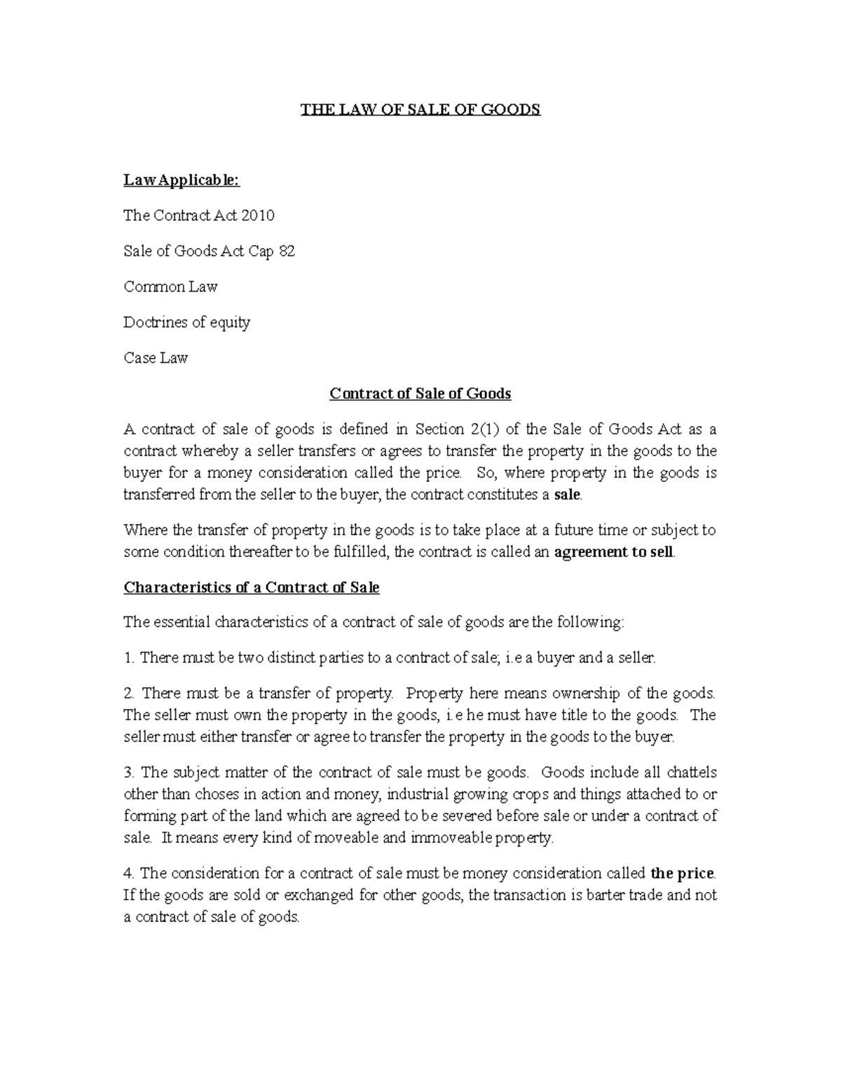 The Law of Sale of Goods - Lecture Notes 1 (SOGA Cap 82) - Studocu