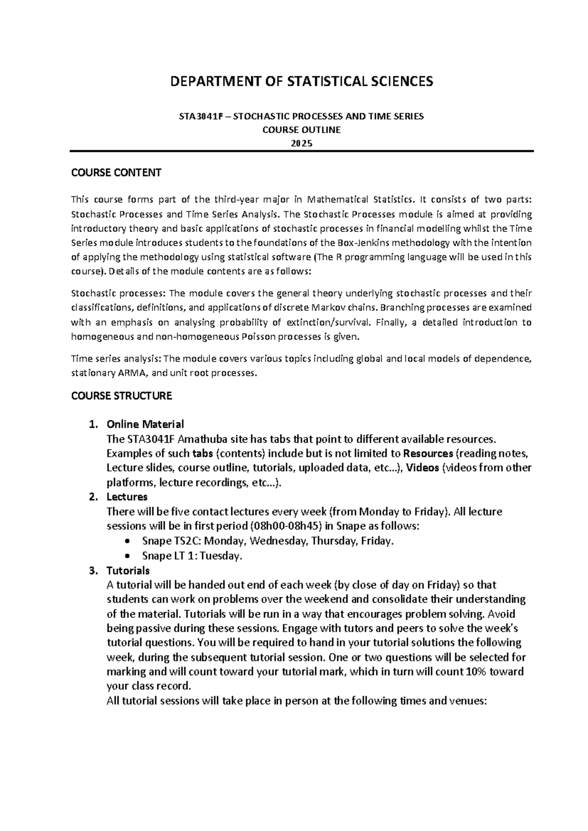 STA3041F 2025 Stochastic Processes & Time Series Course Outline - Studocu