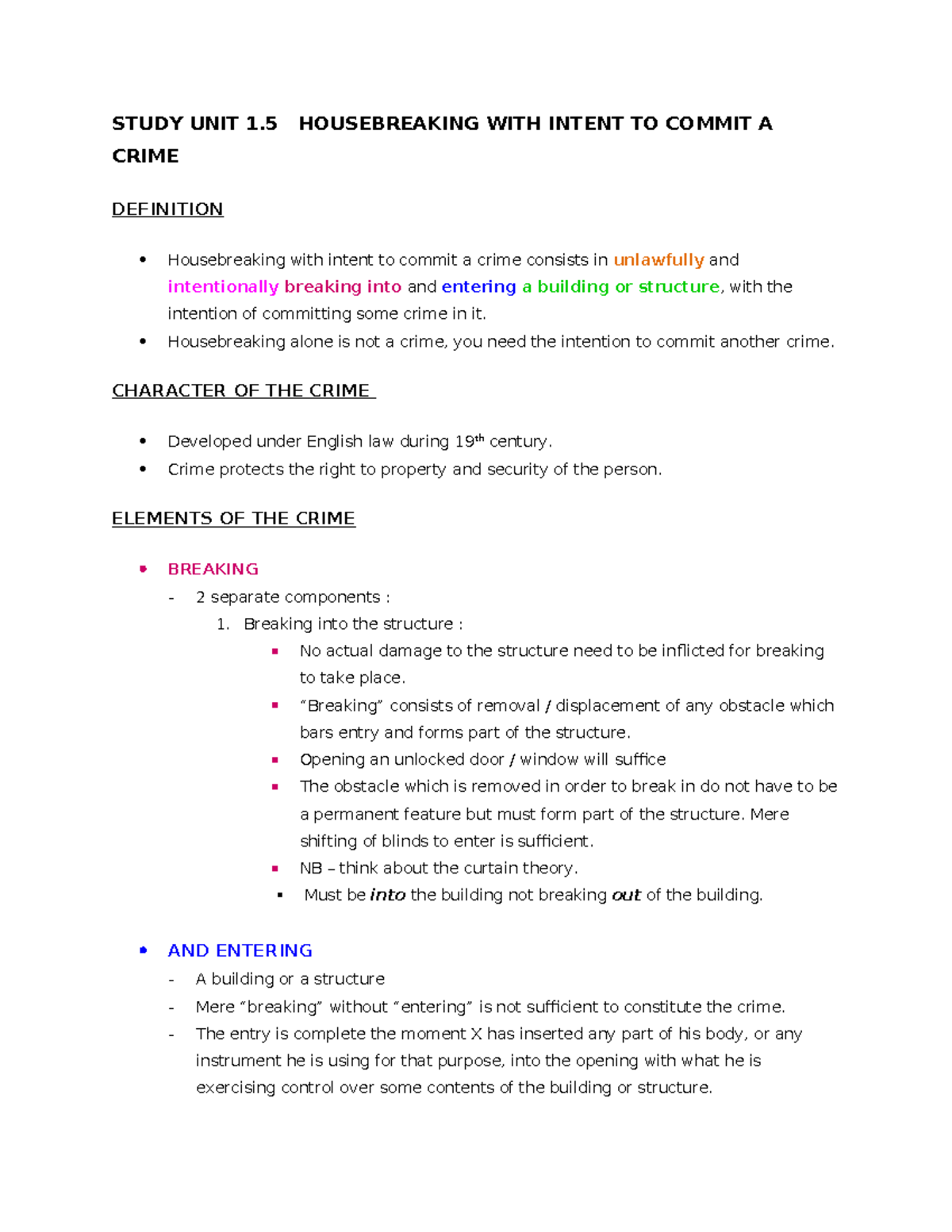 Study Unit 1.5: Housebreaking with Intent to Commit a Crime Explained ...