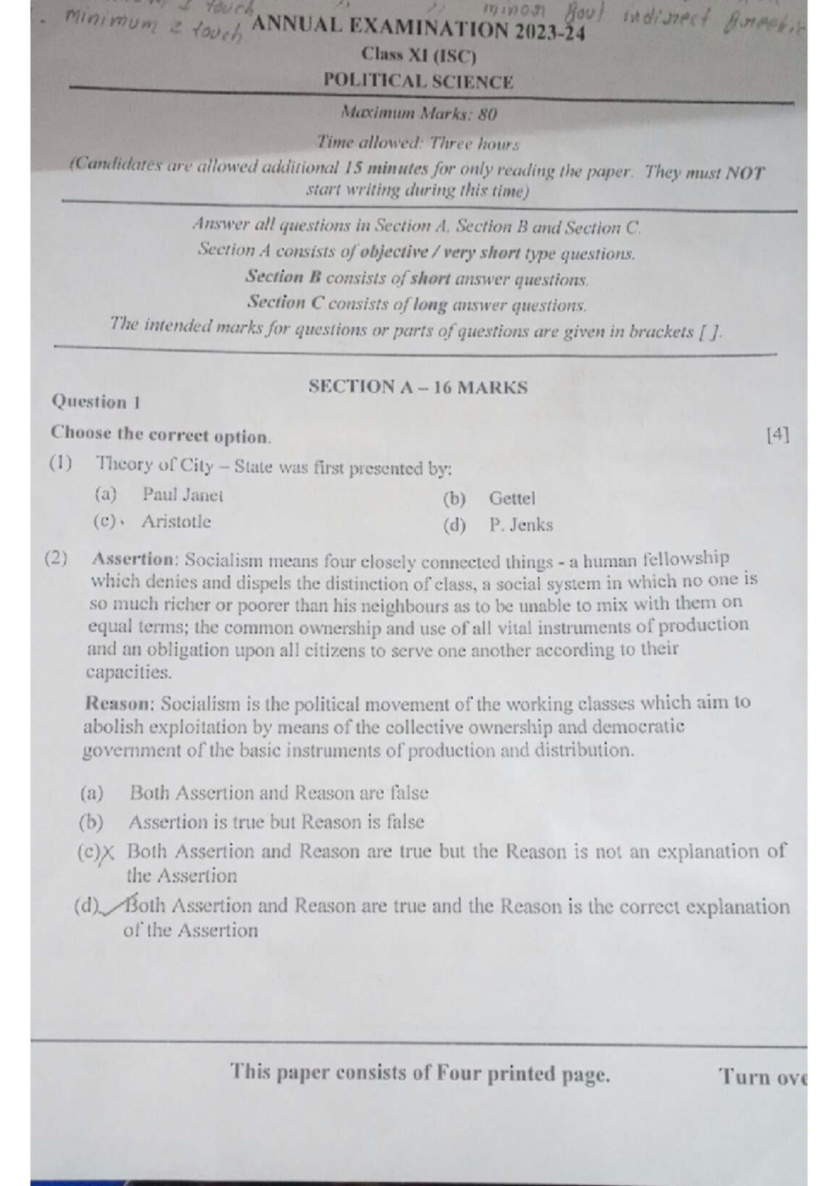 Political Science Class XI (ISC) Annual Exam Paper - Studocu