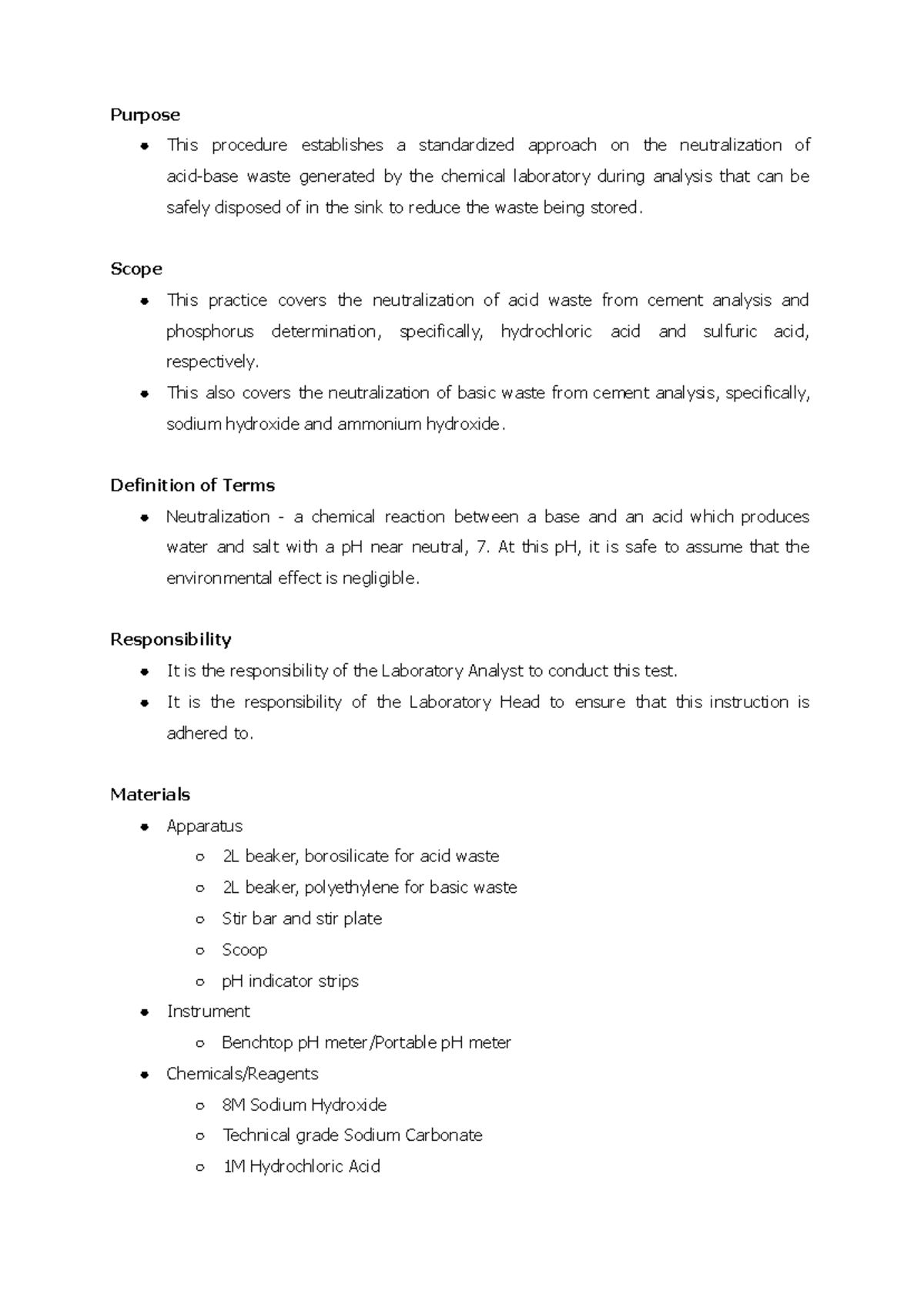 Acid-Base Neutralization Procedure for Lab Waste Management - Studocu
