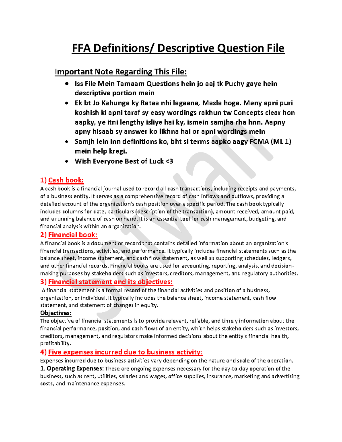 FFA Solved Descriptive Questions for FCMA (ML 1) Exam Preparation - Studocu