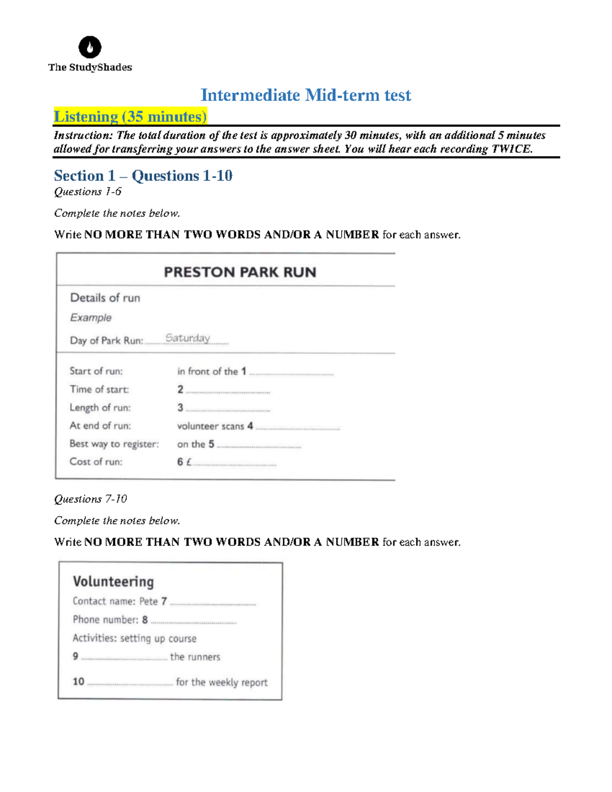 Intermediate-Mid-test - Intermediate Mid-term test Listening (3 5 ...