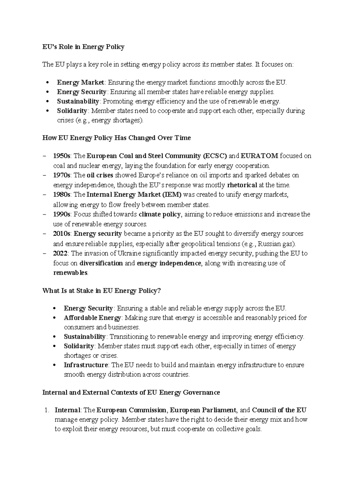 EU Energy Policy: Key Roles, Changes, and Future Challenges - Studocu