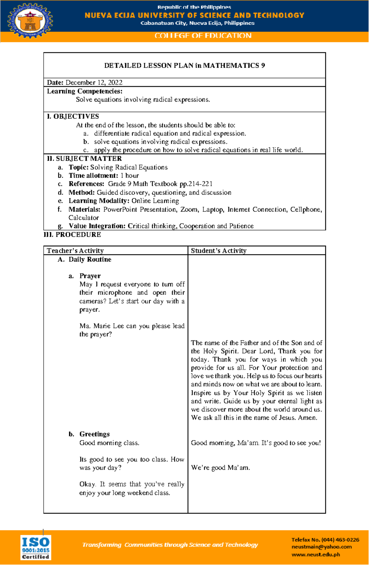 Detailed Lesson Plan in Mathematics 9: Solving Radical Equations - Studocu