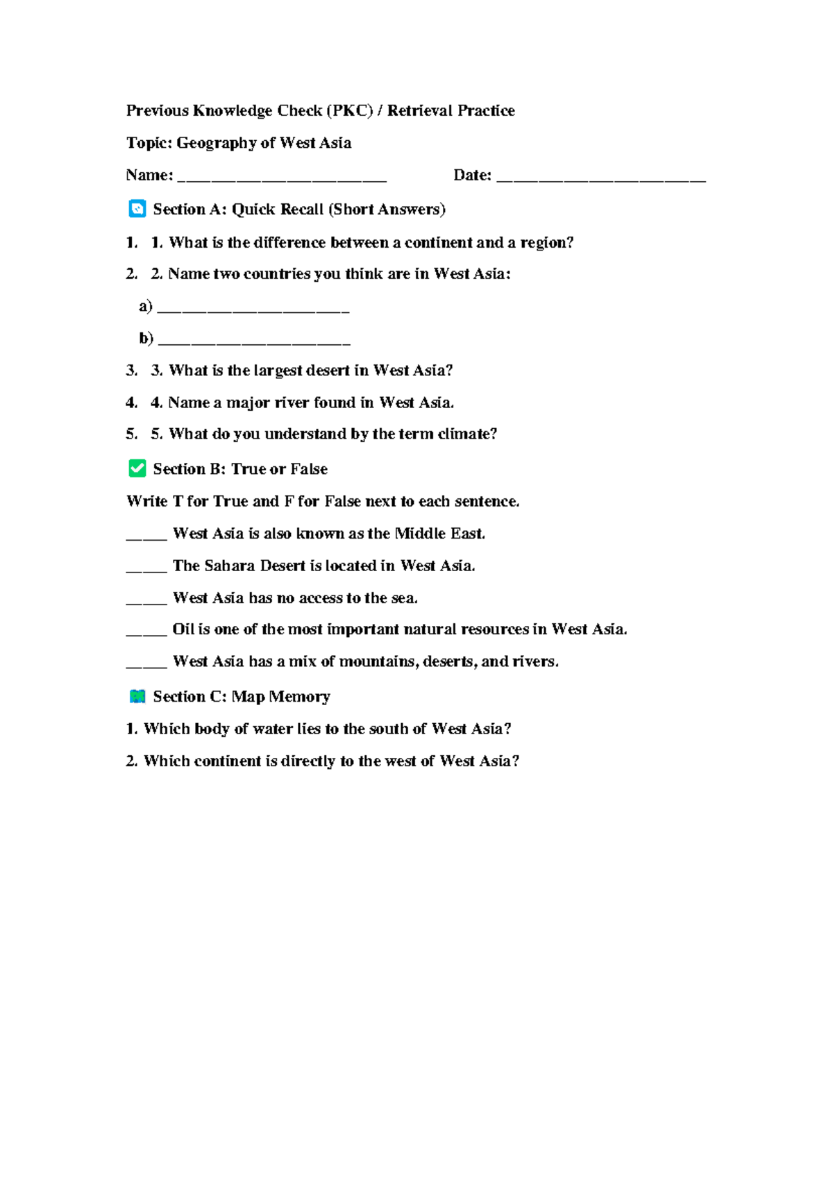 PKC: Geography of West Asia - Previous Knowledge Check & Retrieval ...