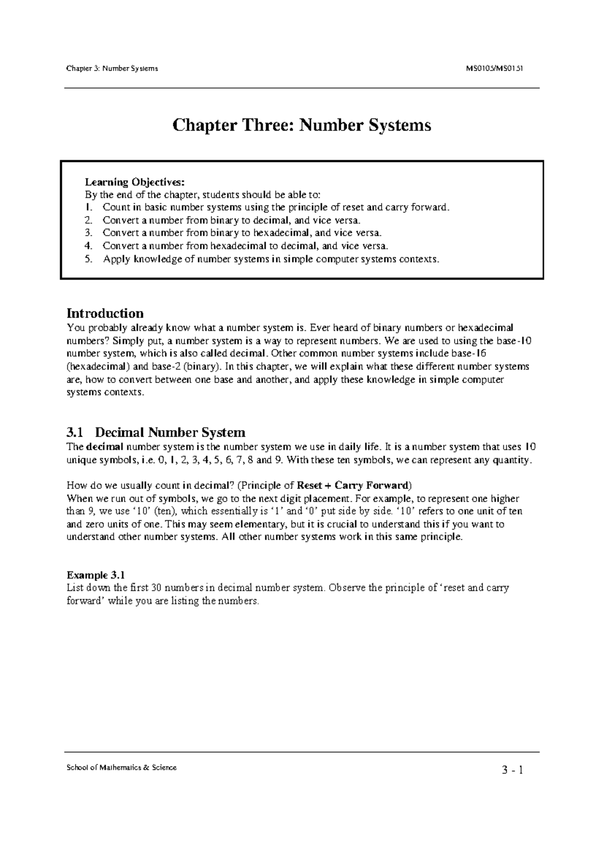 Chapter 3 - Number Systems - School of Mathematics & Science 3 - 1 ...