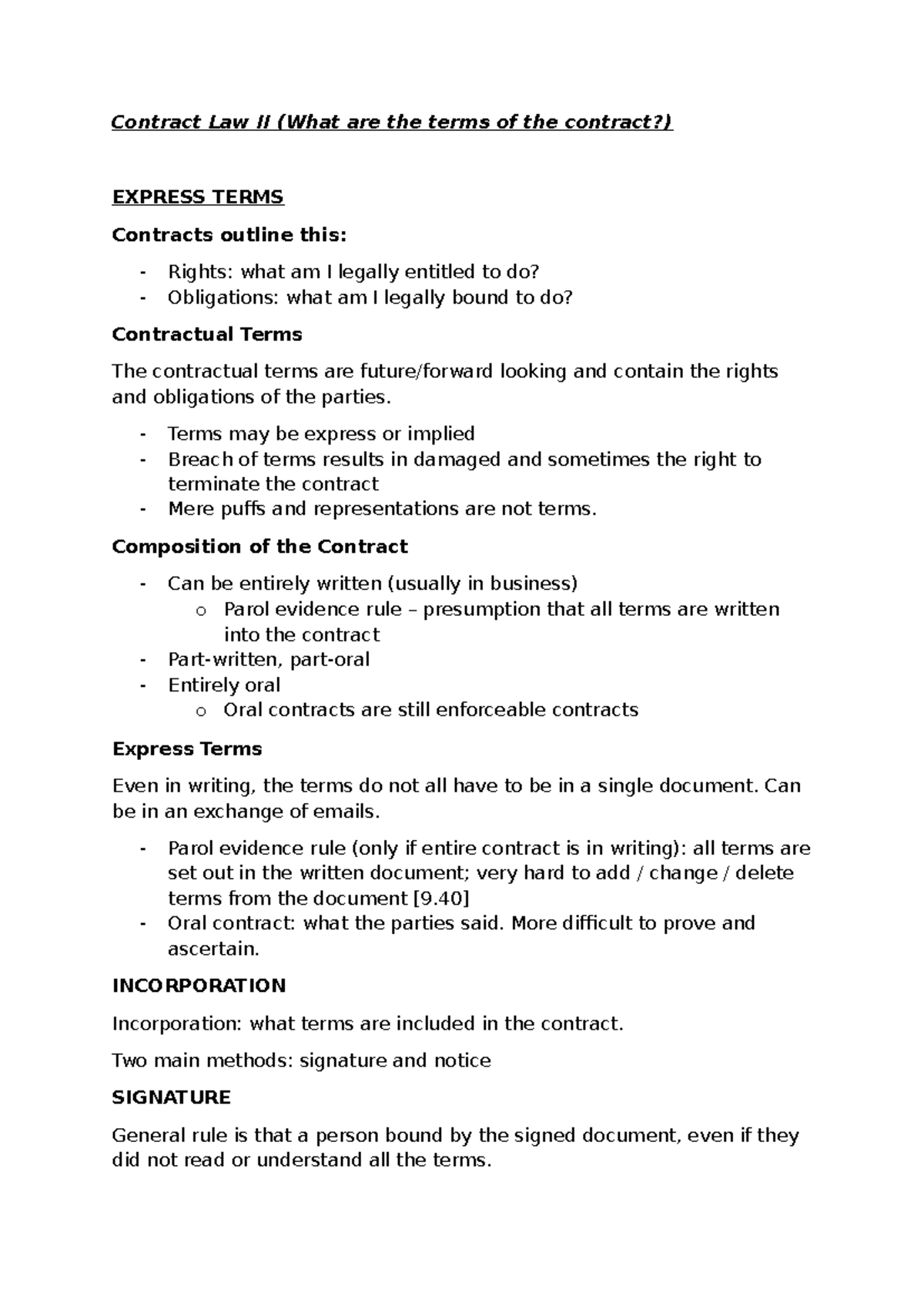 Contract Law II: Lecture 3 & 4 - Express Terms and Incorporation - Studocu