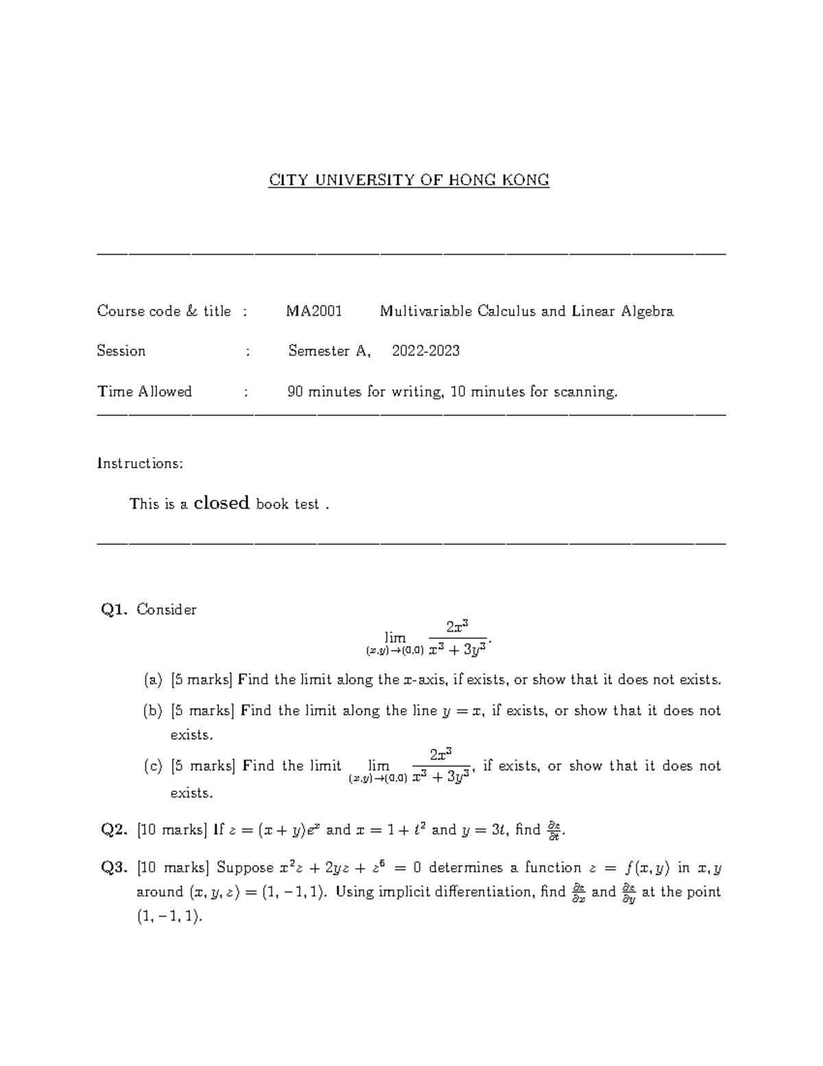 MA2001 Midterm Test Paper - Multivariable Calculus & Linear Algebra ...