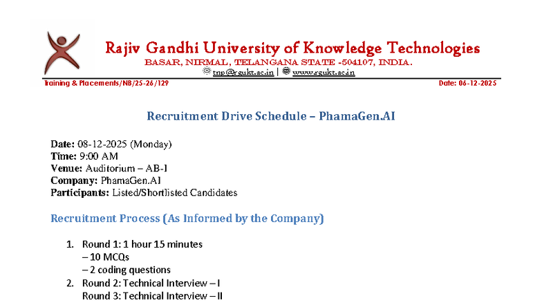 PhamaGen.AI Recruitment Drive Schedule - Rajiv Gandhi University - Studocu