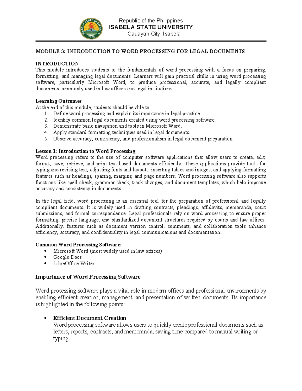 ISABELA STATE UNIVERSITY: Module 3 - Word Processing for Legal Docs ...
