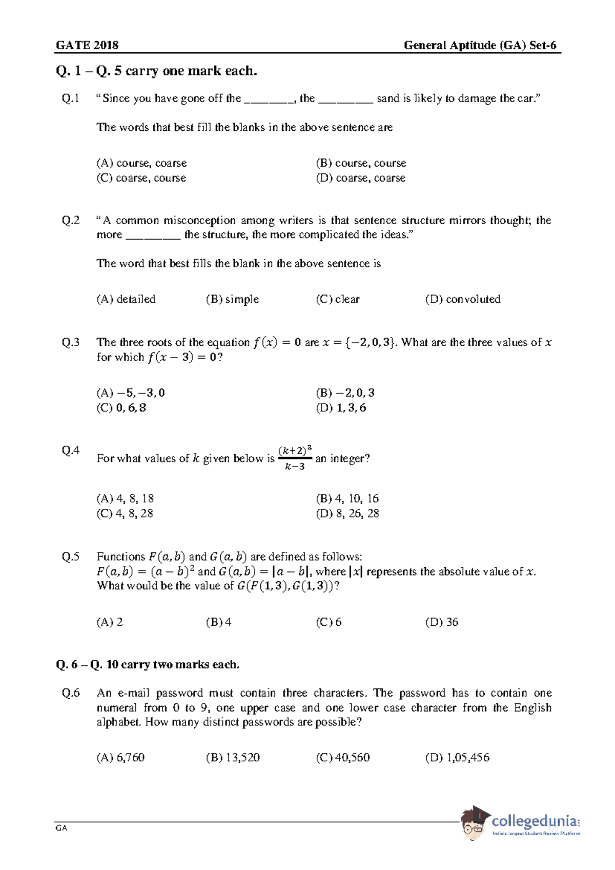 GATE 2018 - GATE 2018 General Aptitude (GA) Set- 6 GA 1 / 2 ####### Q ...