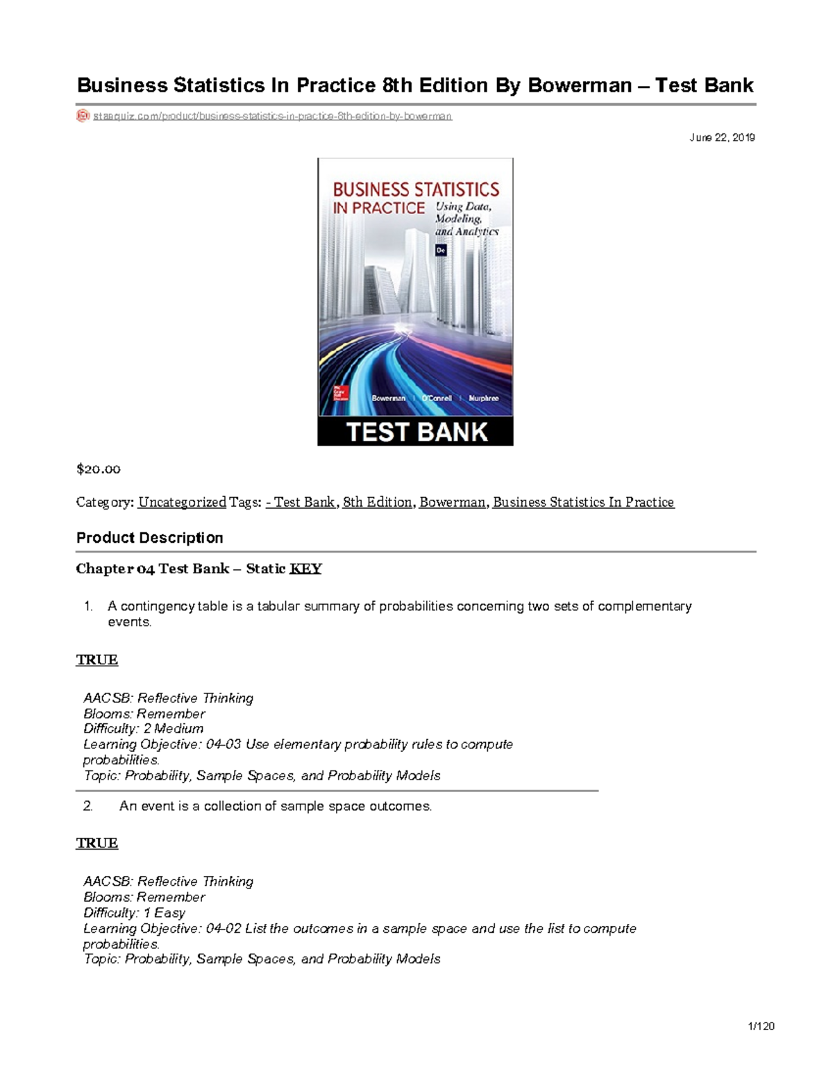 Test Bank for BUS 330: Business Statistics In Practice, 8th Ed. - Studocu