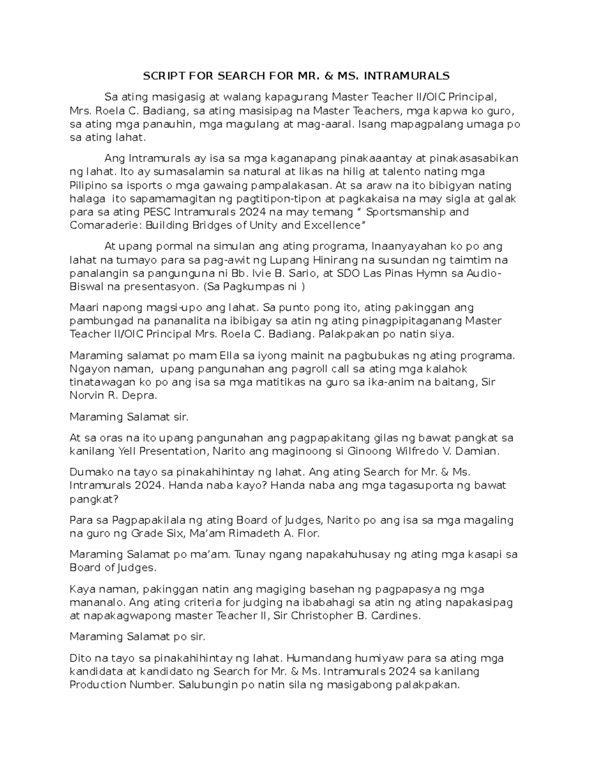 Script for search for mr. ms. intramurals 2024 - Studocu