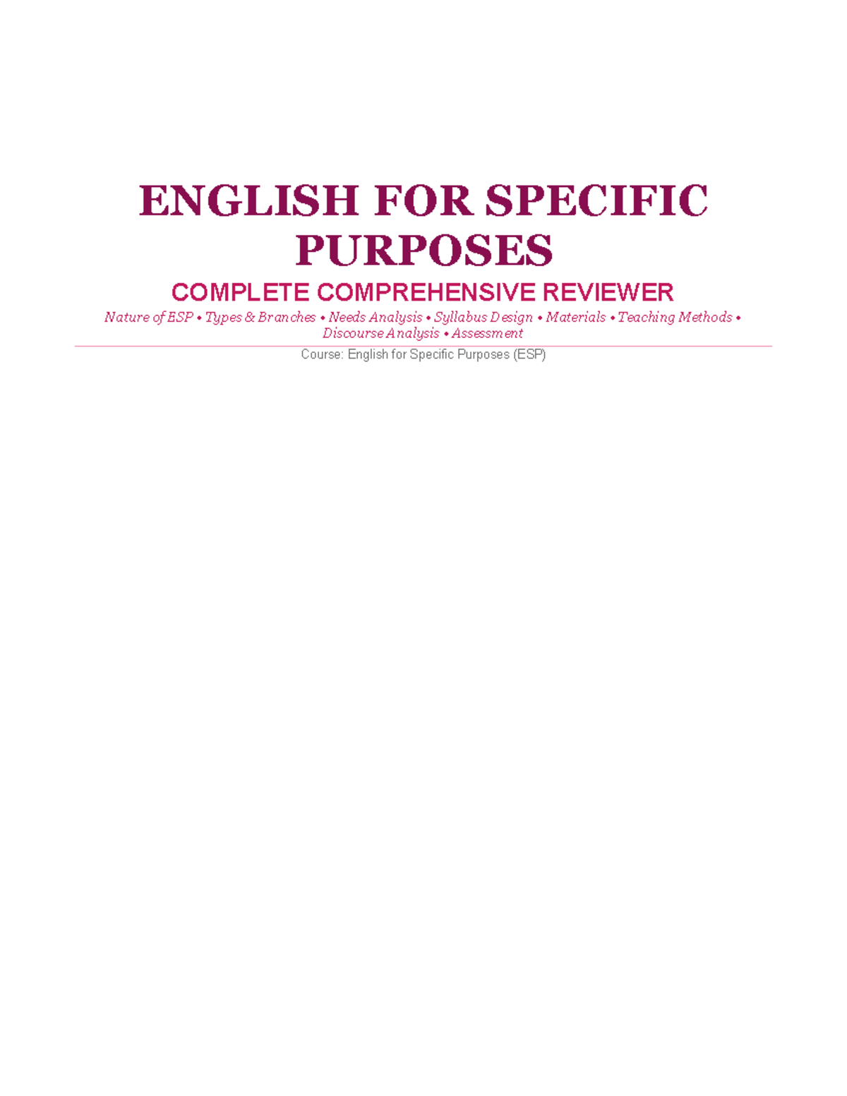 ESP 101: Comprehensive Review of English for Specific Purposes - Studocu