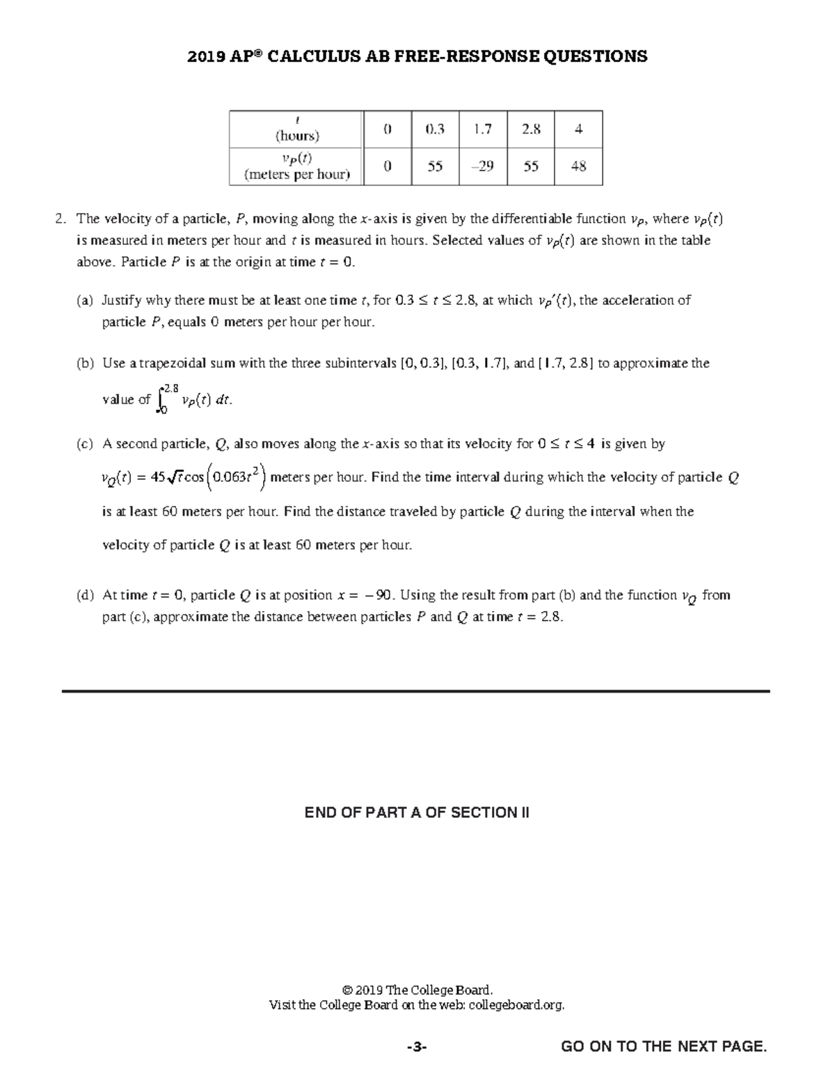 AP Calculus AB 2019 Exam Questions & Notes on Particle Motion - Studocu