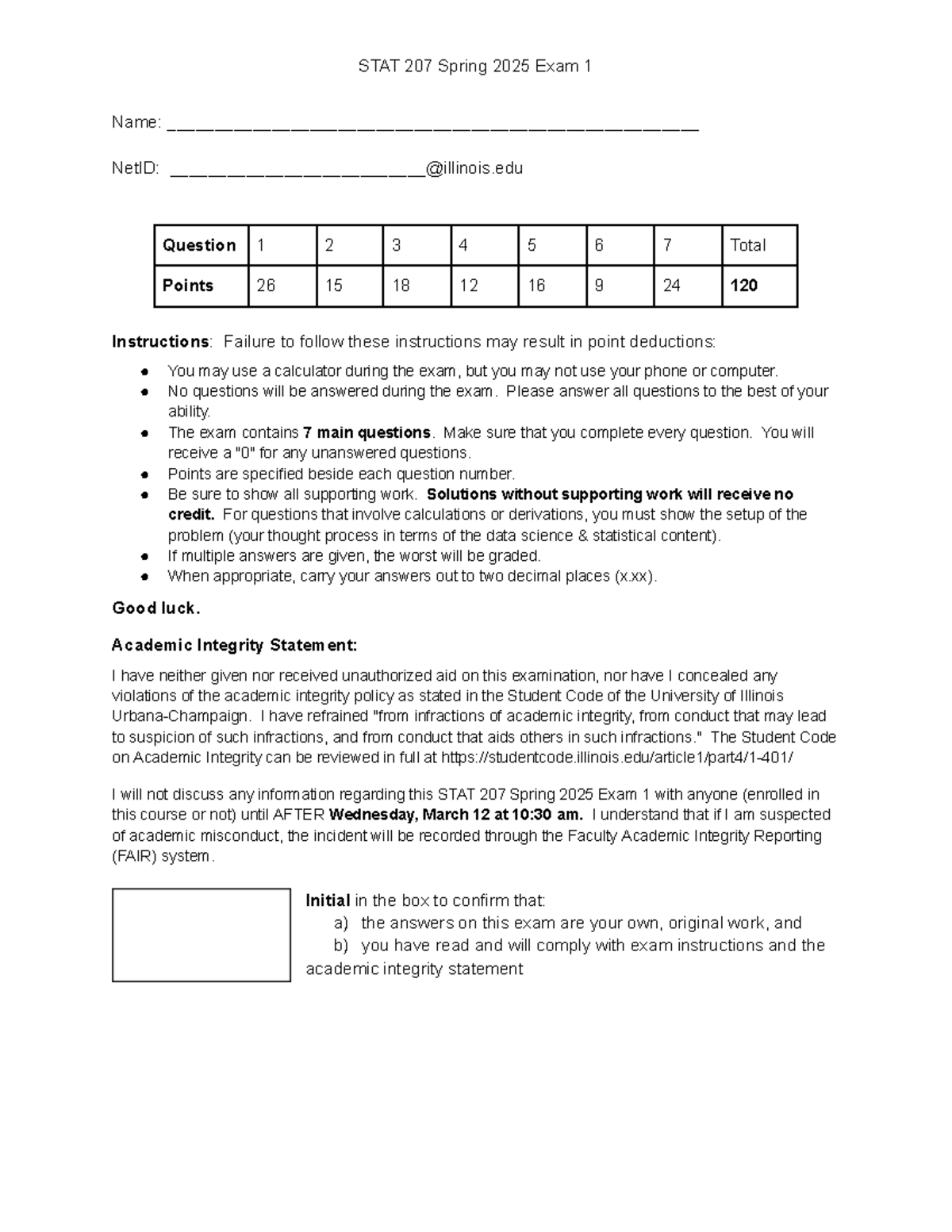 STAT 207 Spring 2025 Exam 1 Solutions and Instructions Guide - Studocu