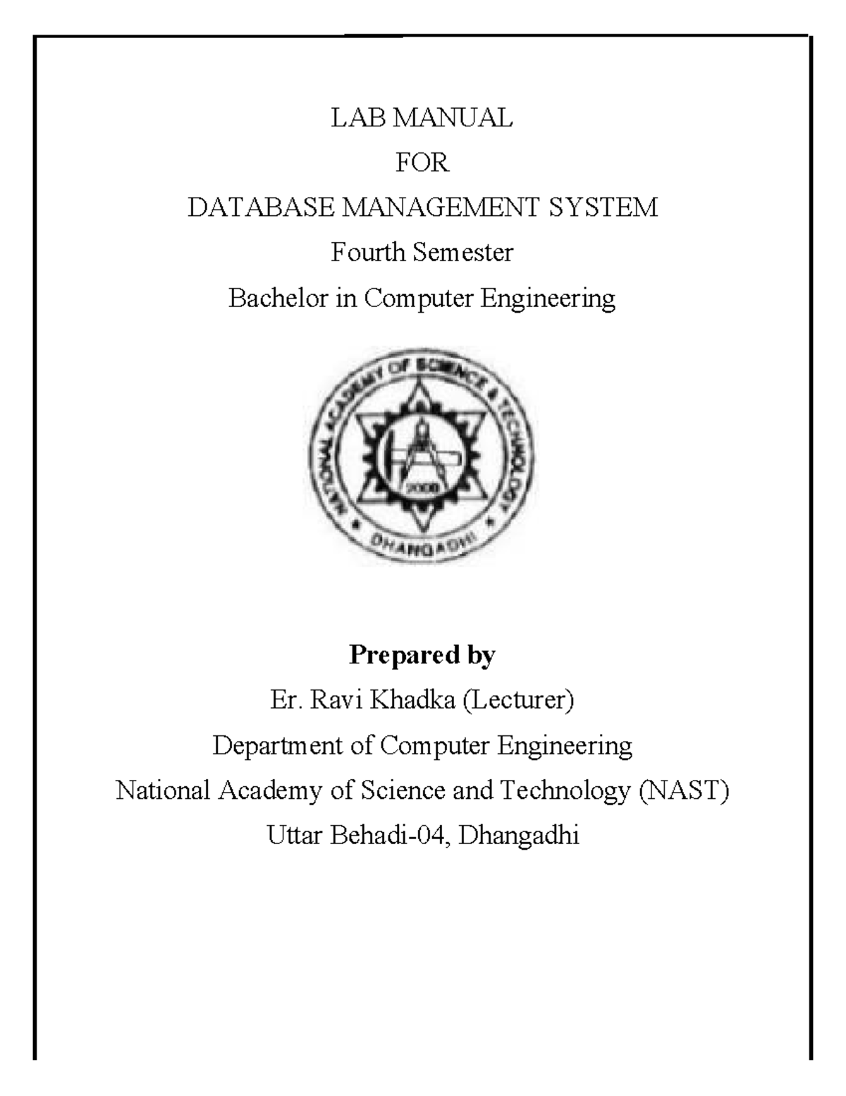 DBMS Lab Manual: 4th Sem BE Computer Engineering - Studocu