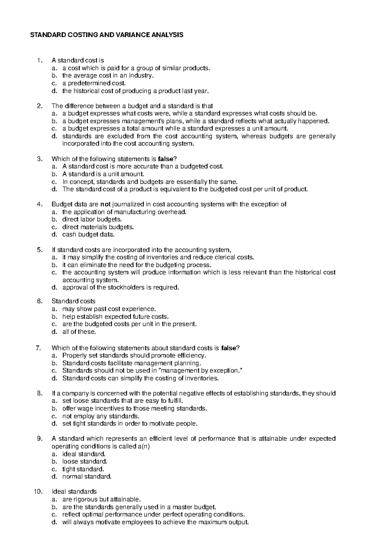 SCM Quiz SCVA 12 - Quiz - STANDARD COSTING AND VARIANCE ANALYSIS A ...