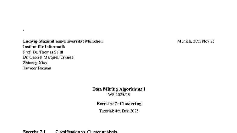 Data Mining Algorithms 1 WS: Exercise Sheet 7 Solutions on Clustering ...