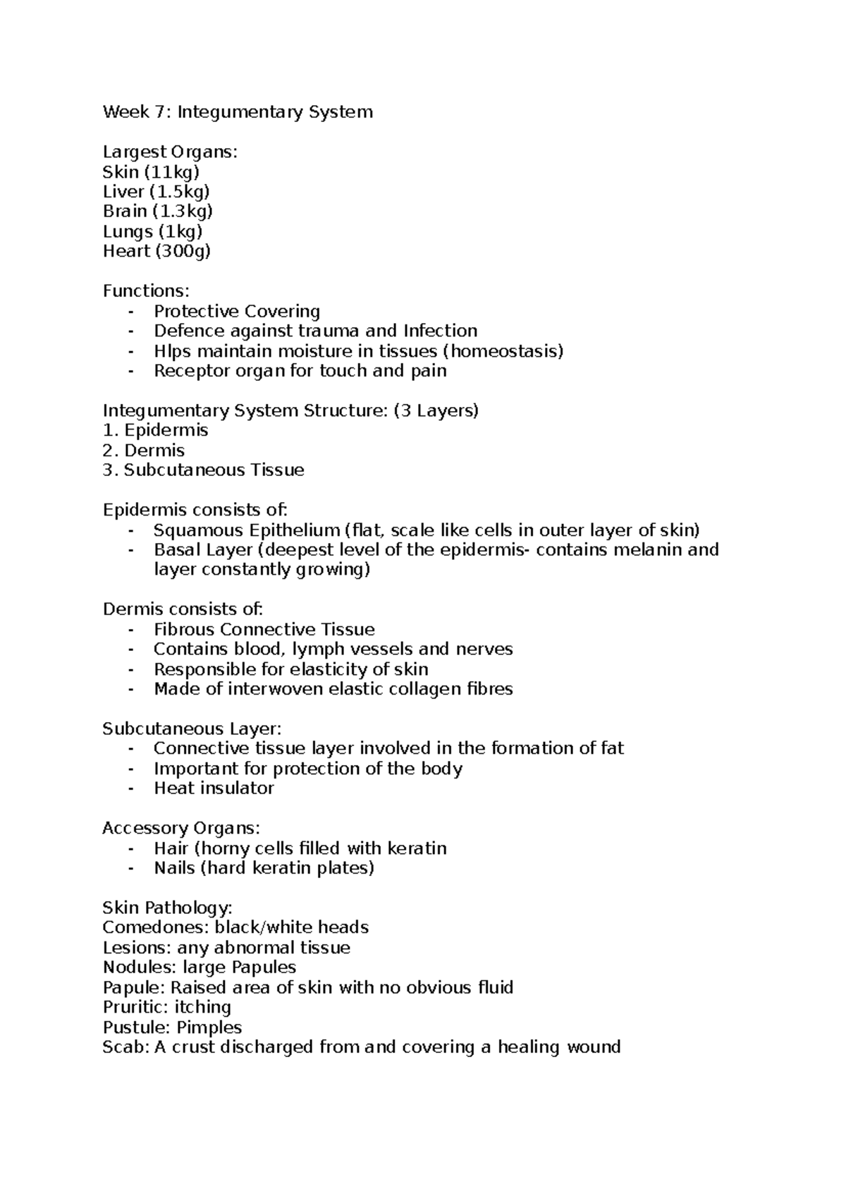 Week 7: Integumentary System Overview and Skin Functions - Studocu
