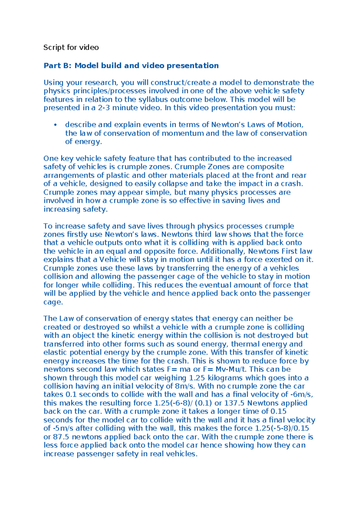 Script for Physics Video: Crumple Zones & Safety Features - Studocu