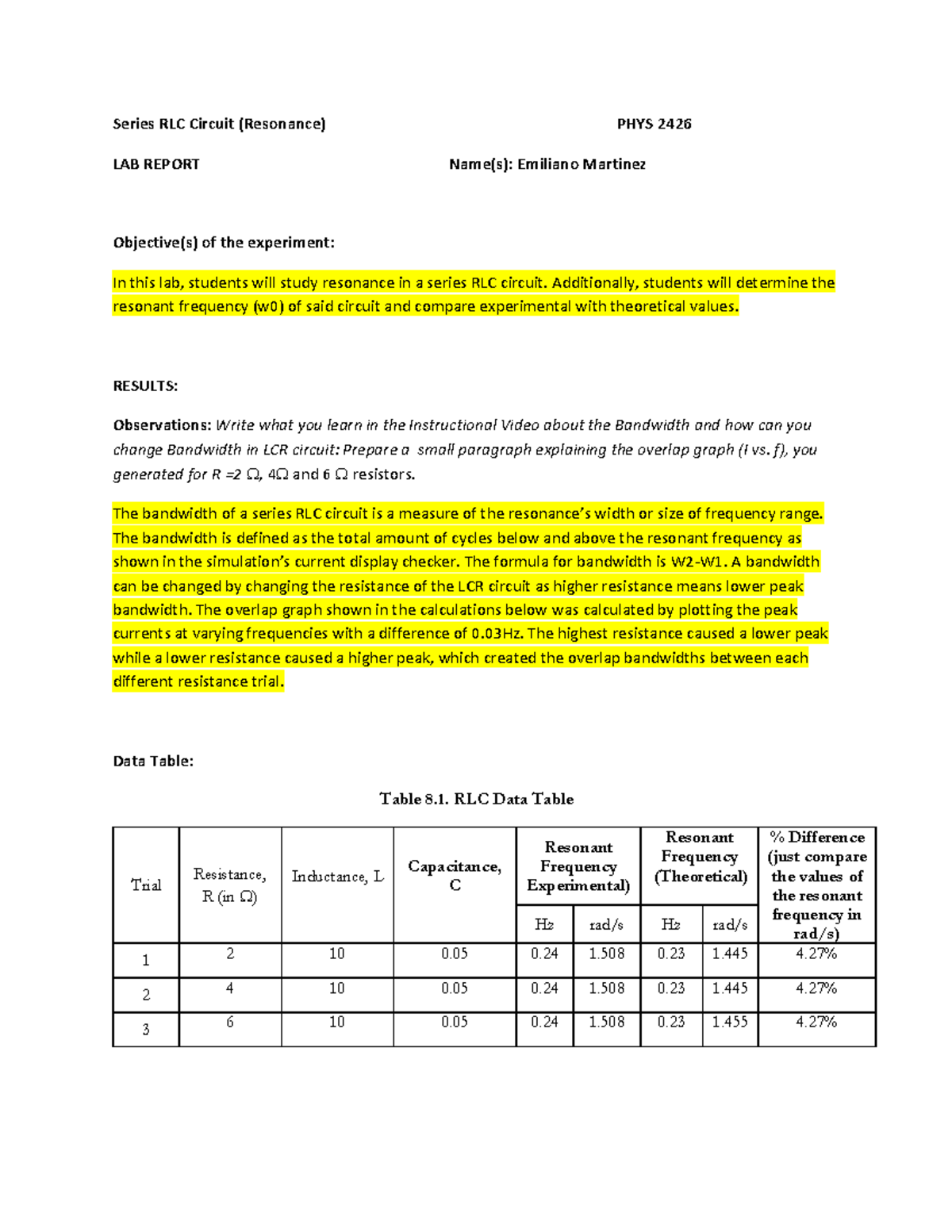 RLC Resonance Lab Report PHYS 2426: Experimental & Theoretical Analysis ...