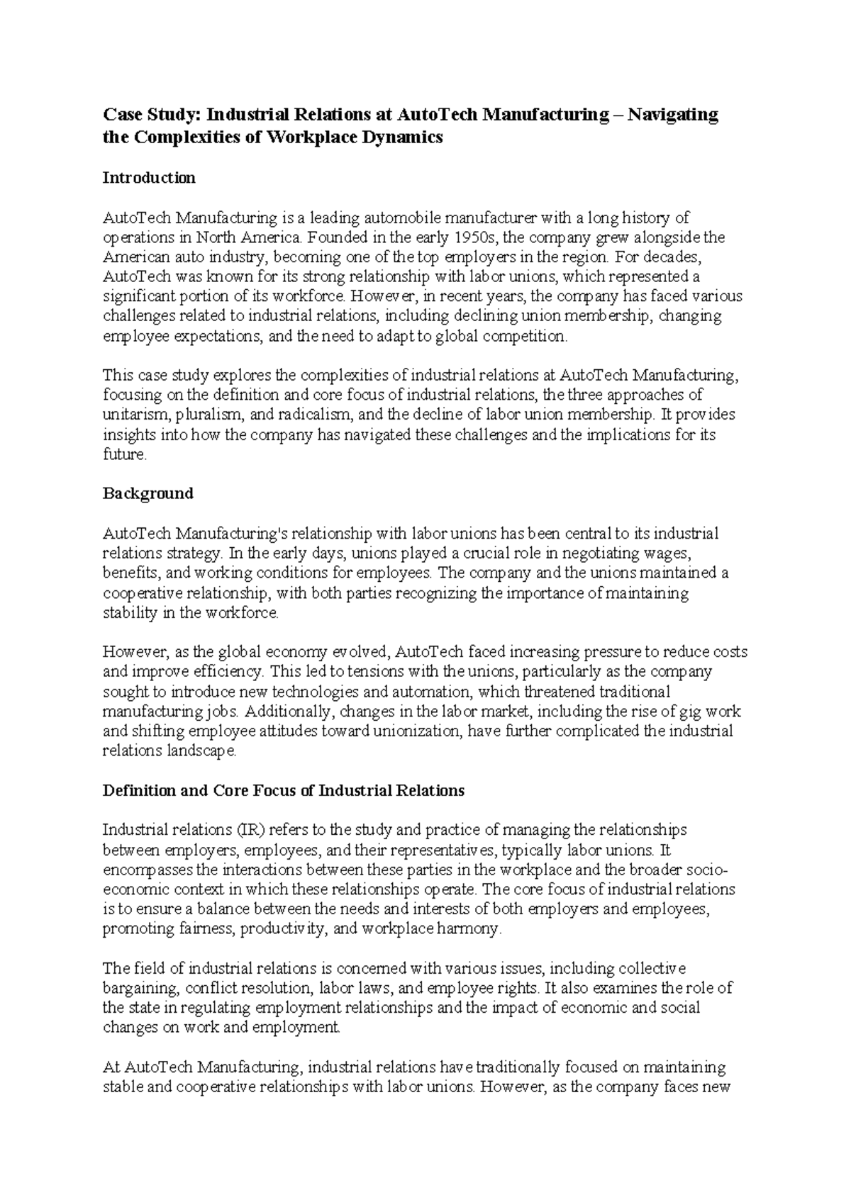 Week 6 Tutorial Case Study IR - Case Study: Industrial Relations at ...