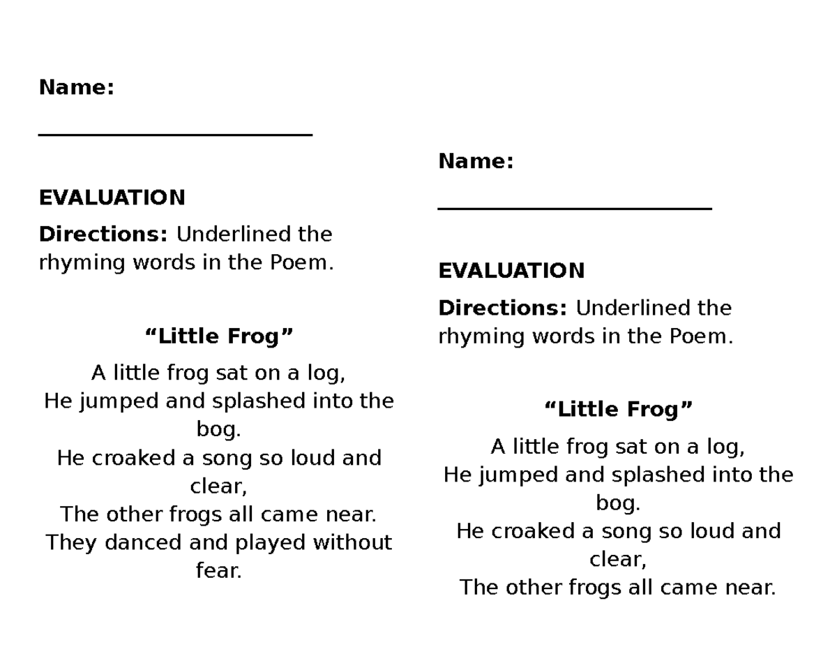 EVALUATION: Rhyming Words and Public Facility Discipline Activities ...