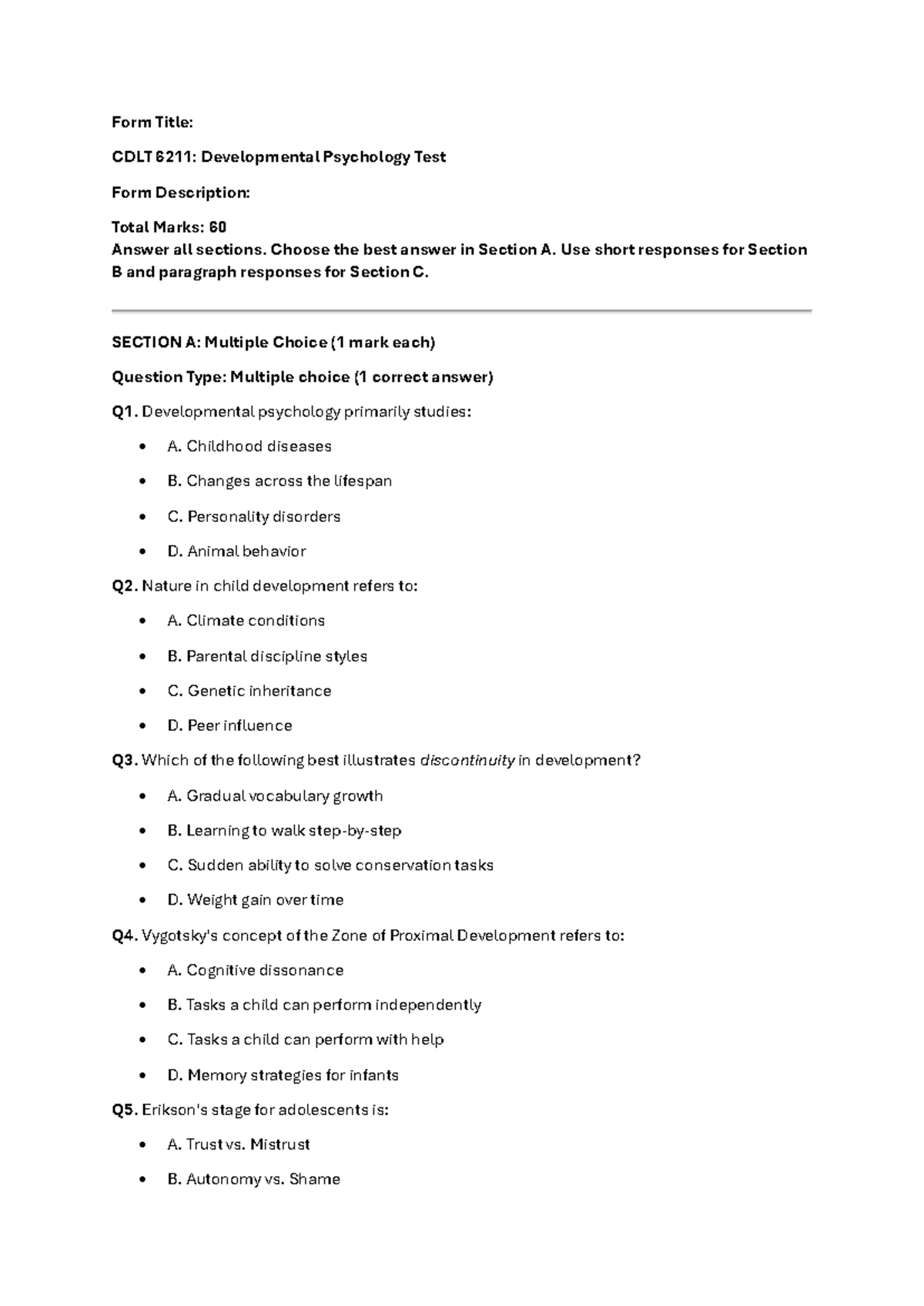 CDLT 6211: Developmental Psychology Practice Test with Answers - Studocu