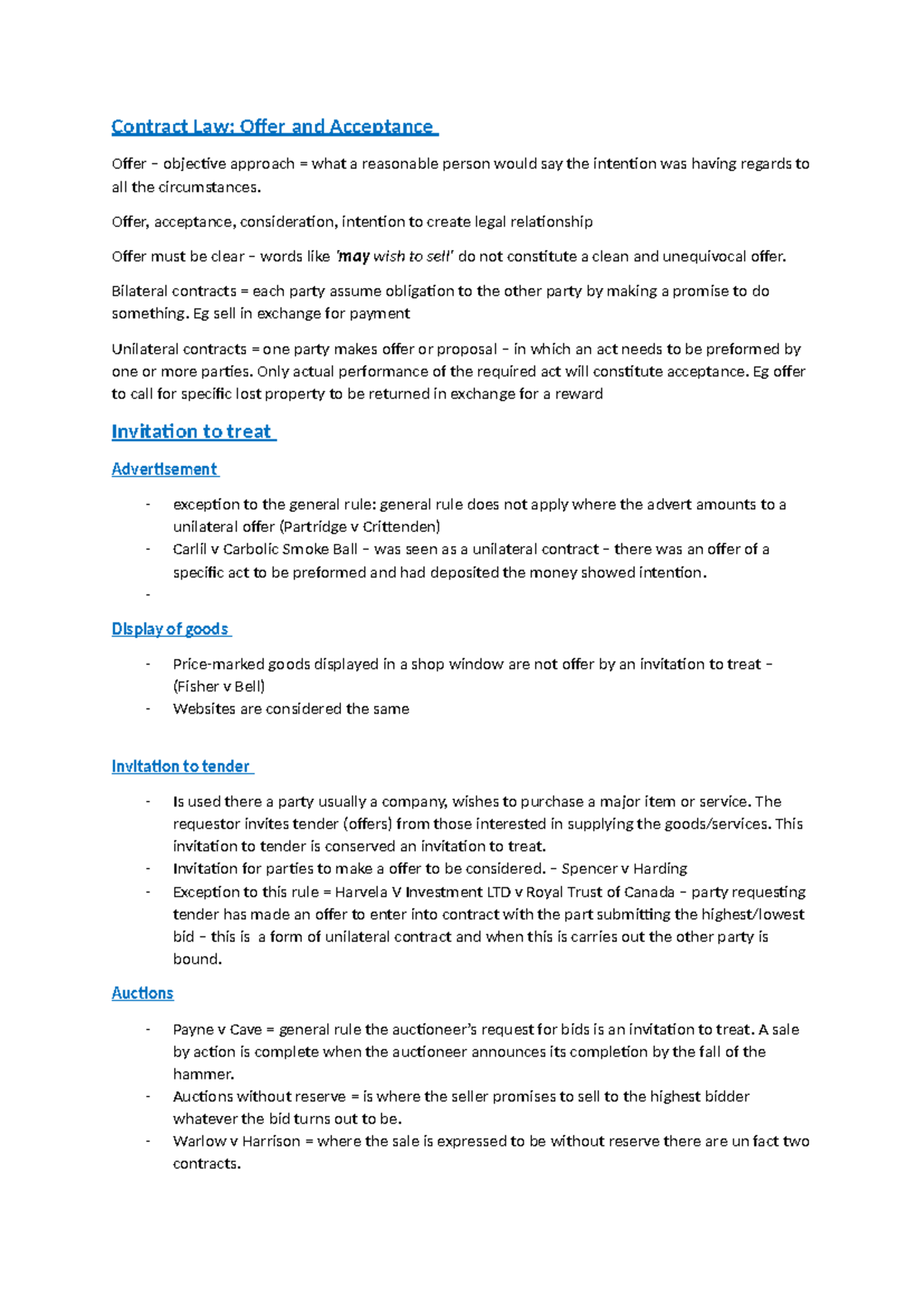 Contract Law: Offer and Acceptance Notes (Complete) - CL 27 - Studocu