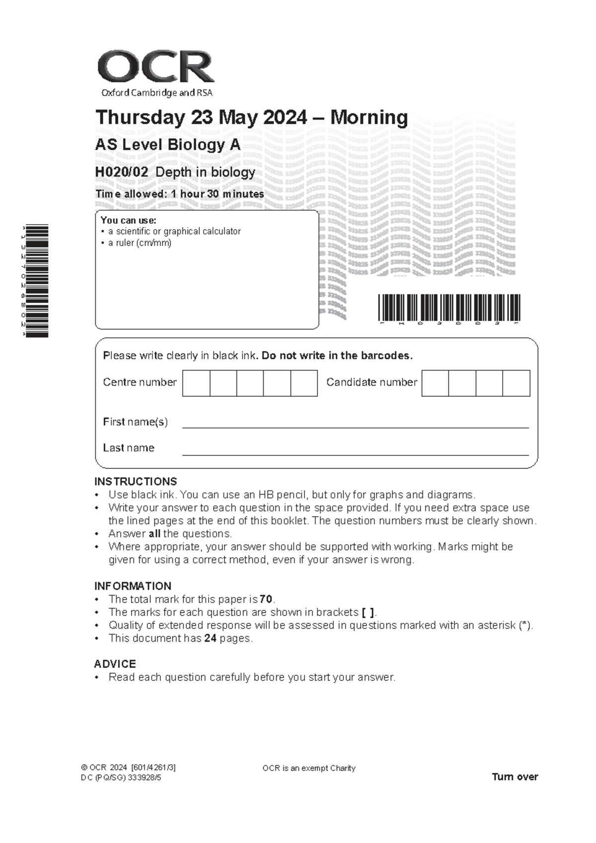 AS Level Biology A Depth Exam Paper (H020 02) - June 2024 - Studocu