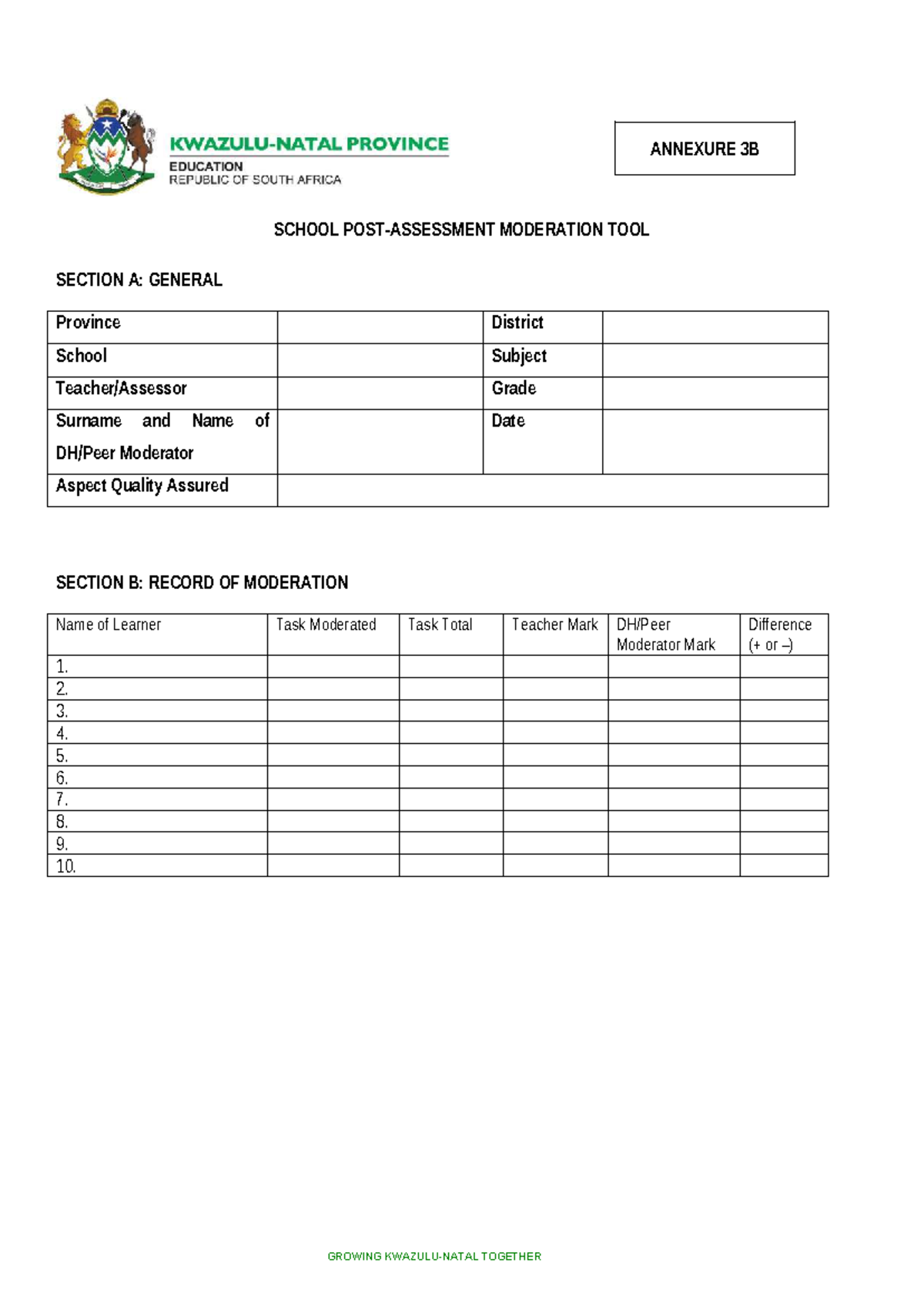 Final School POST Assessment Moderation Tool (ANNEXURE 3B) - Studocu