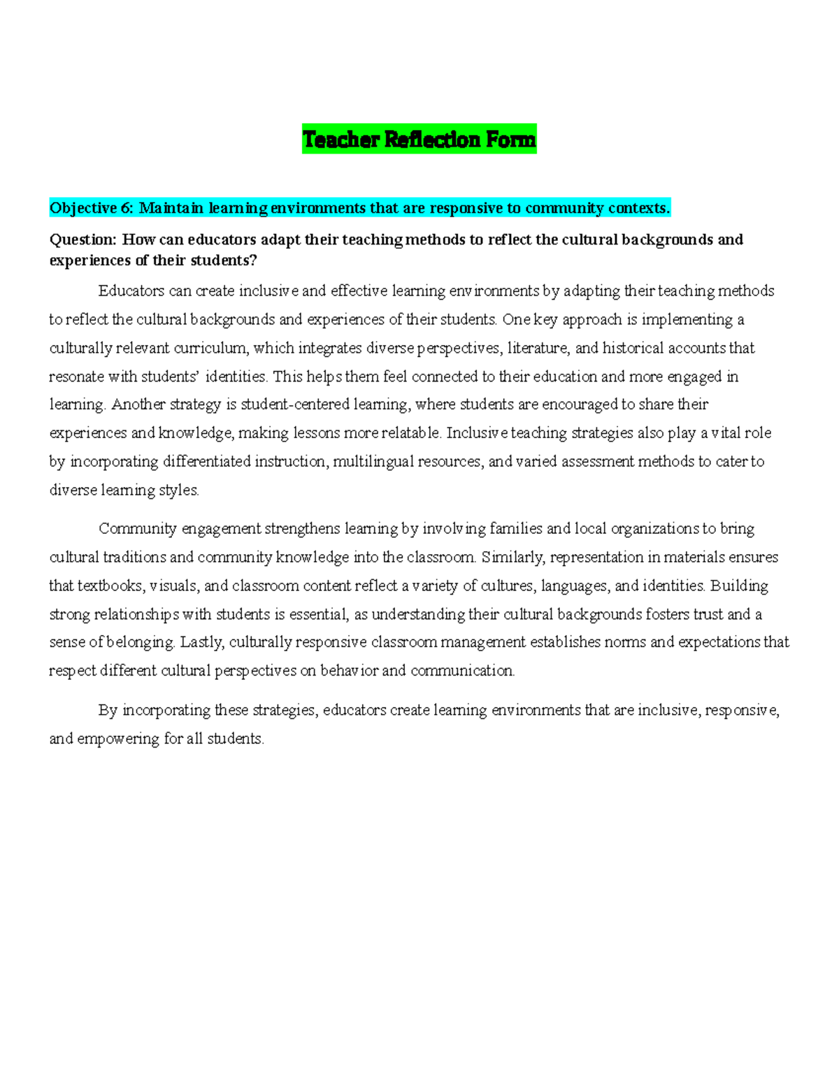 Teacher Reflection Form: Culturally Responsive Teaching Strategies ...
