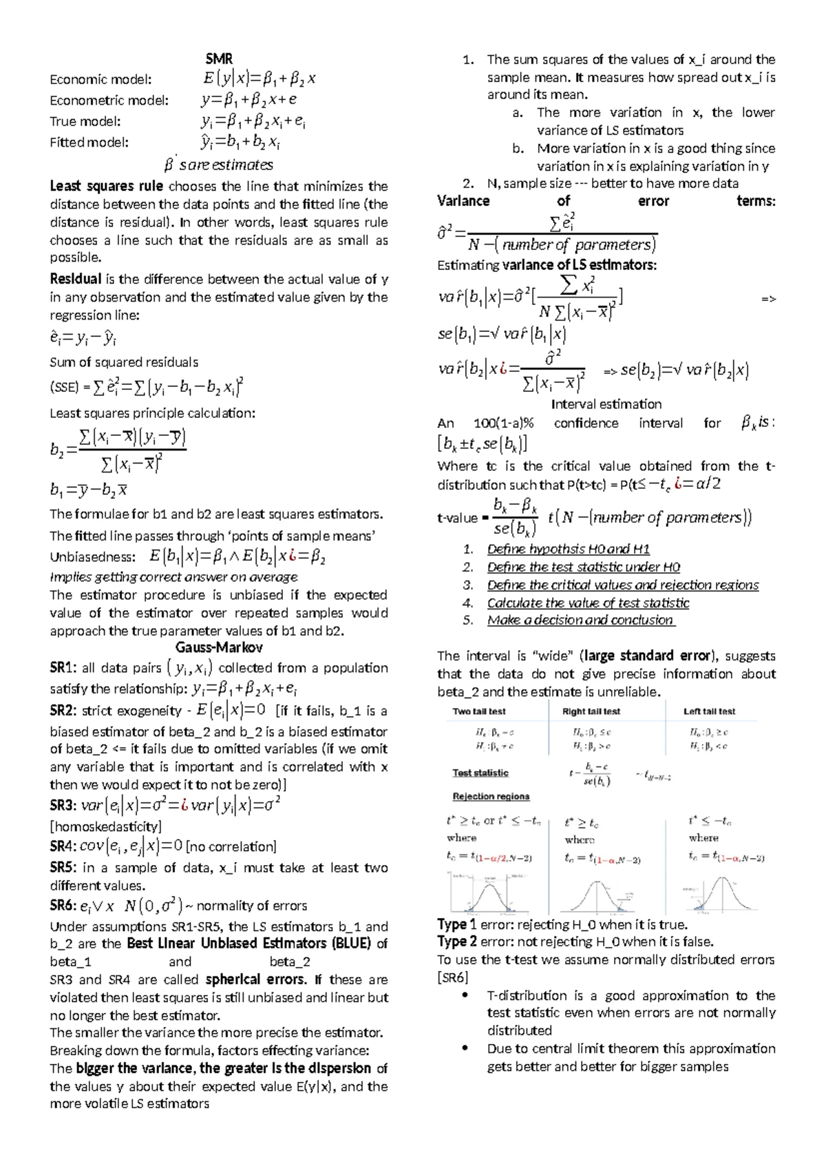Econometrics Cheat Sheet: OLS Assumptions & Properties (ECO 101) - Studocu