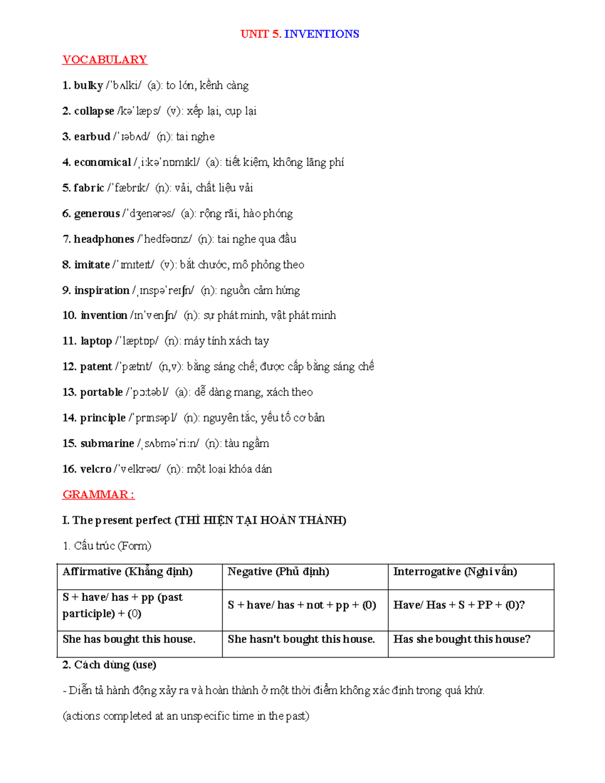 UNIT 5 - Vocabulary and Grammar on Inventions and Their Usage - Studocu
