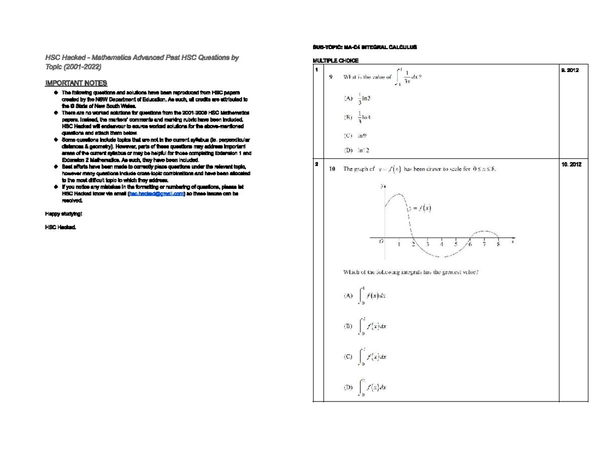 Calculus (Integration) - Year 12 HSC Past Exam Questions & Notes - Studocu