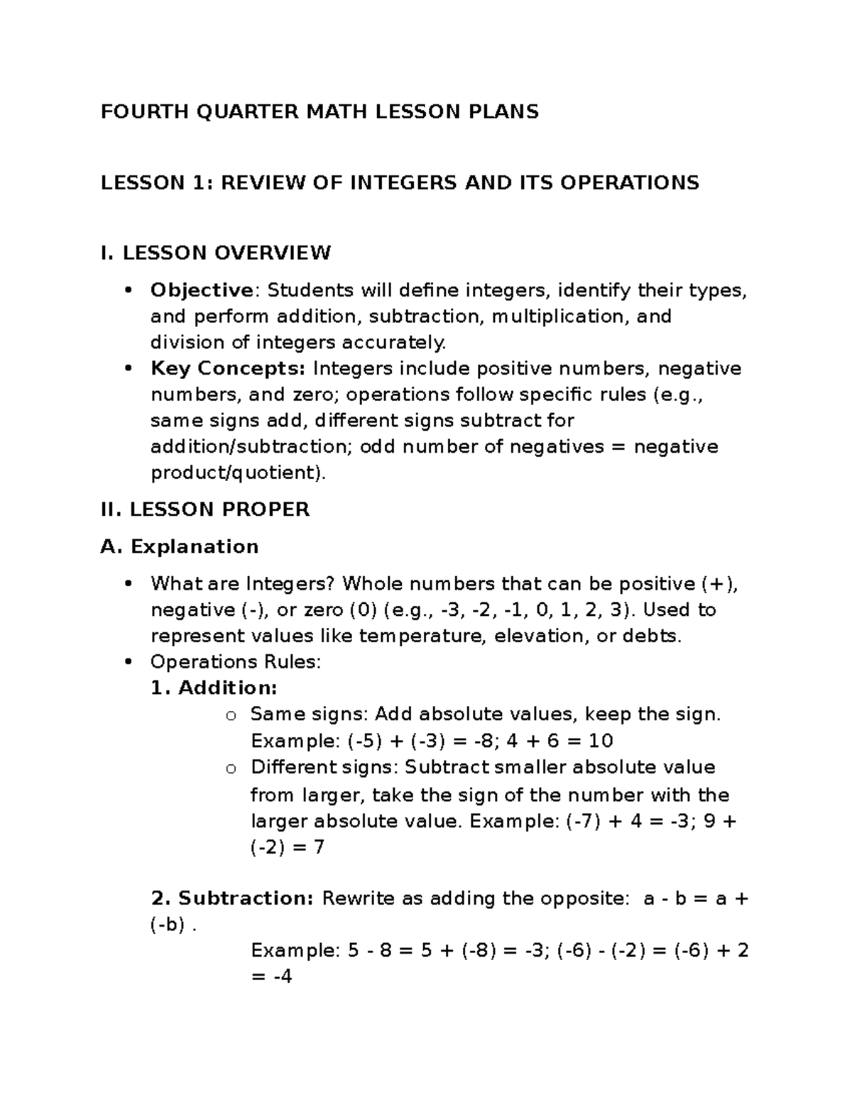 Math 7 Q4 - Lesson Plans: Integers, Equations & Expressions - Studocu