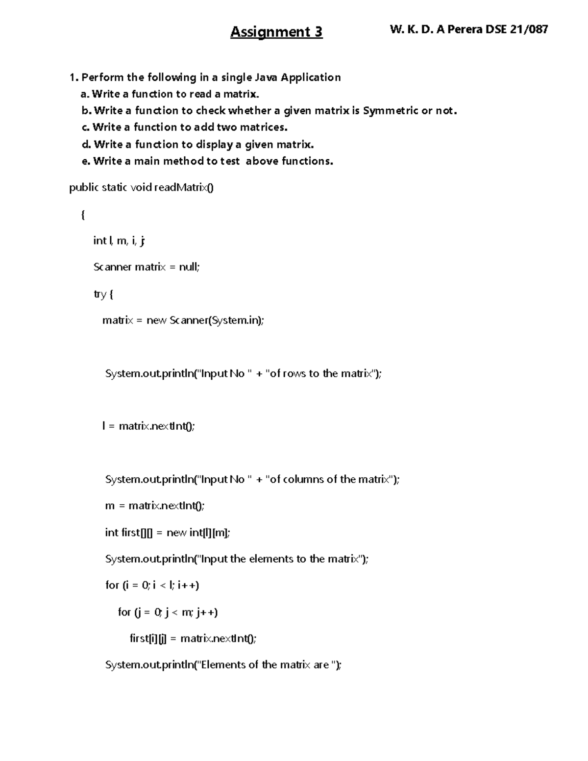 Java Assignment 3: Matrix Operations and Number Reversal (DSE 21 087 ...