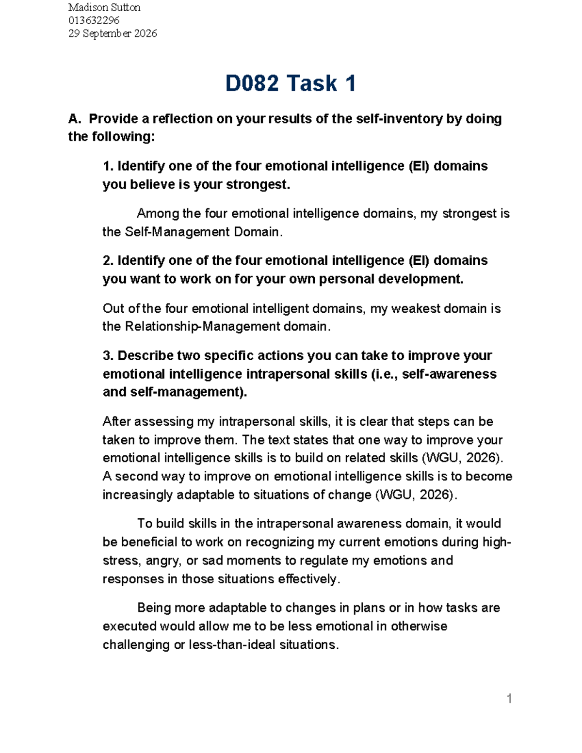 D082 Task 1 - Reflection on Emotional Intelligence Development - Studocu