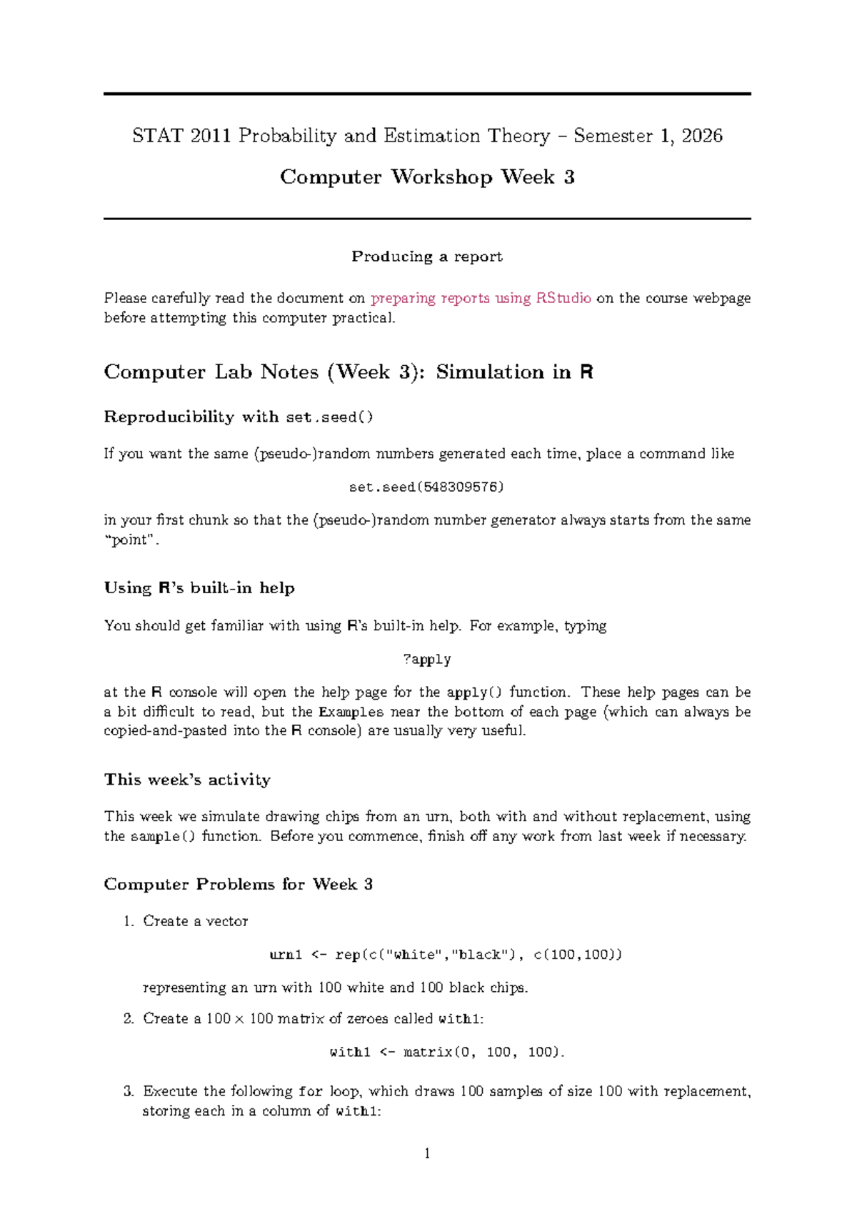 STAT 2011 Week 3 Computer Workshop: RStudio Report Guide - Studocu
