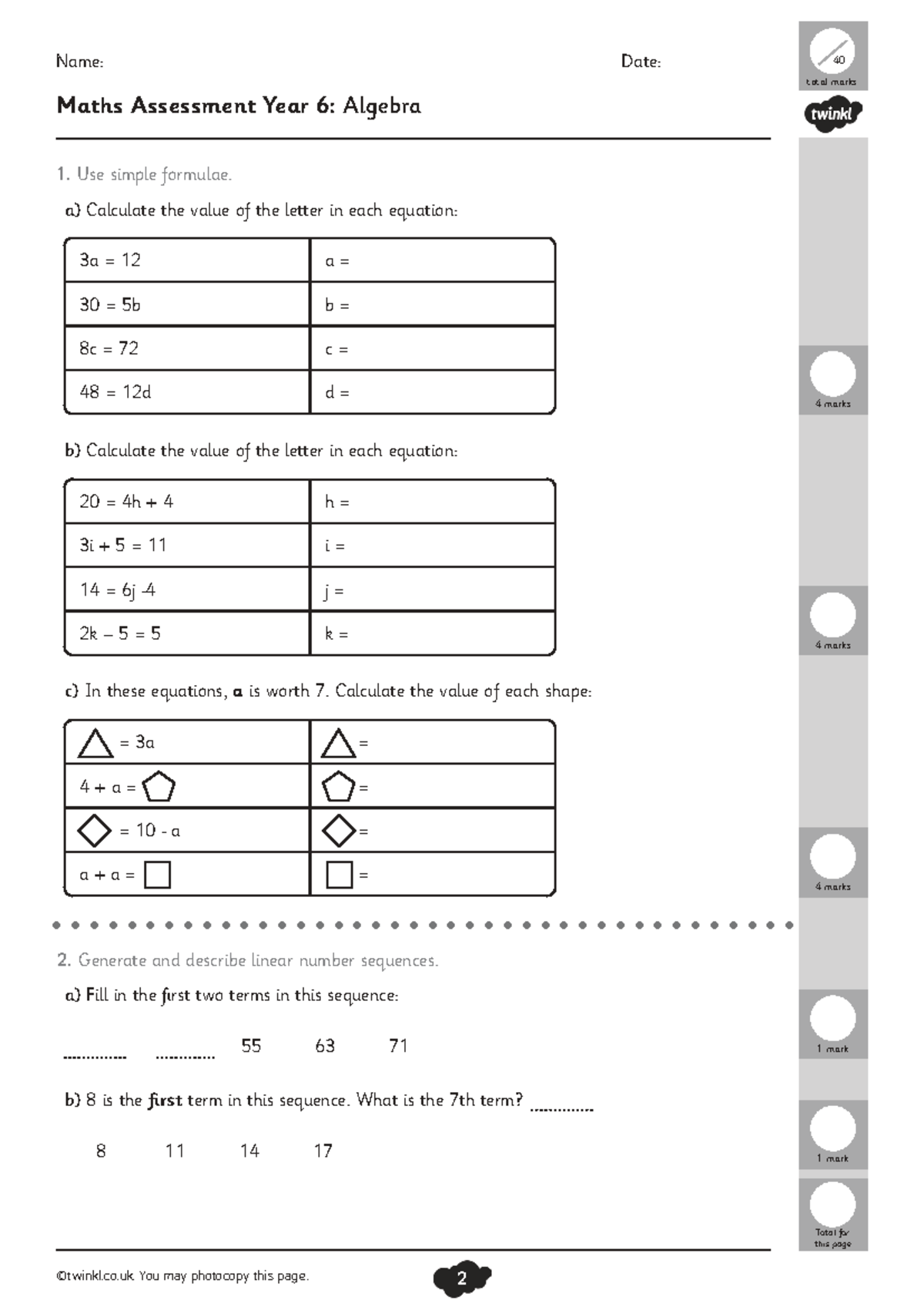 Year 6 Maths Assessment (Algebra) - 40 Marks - Studocu