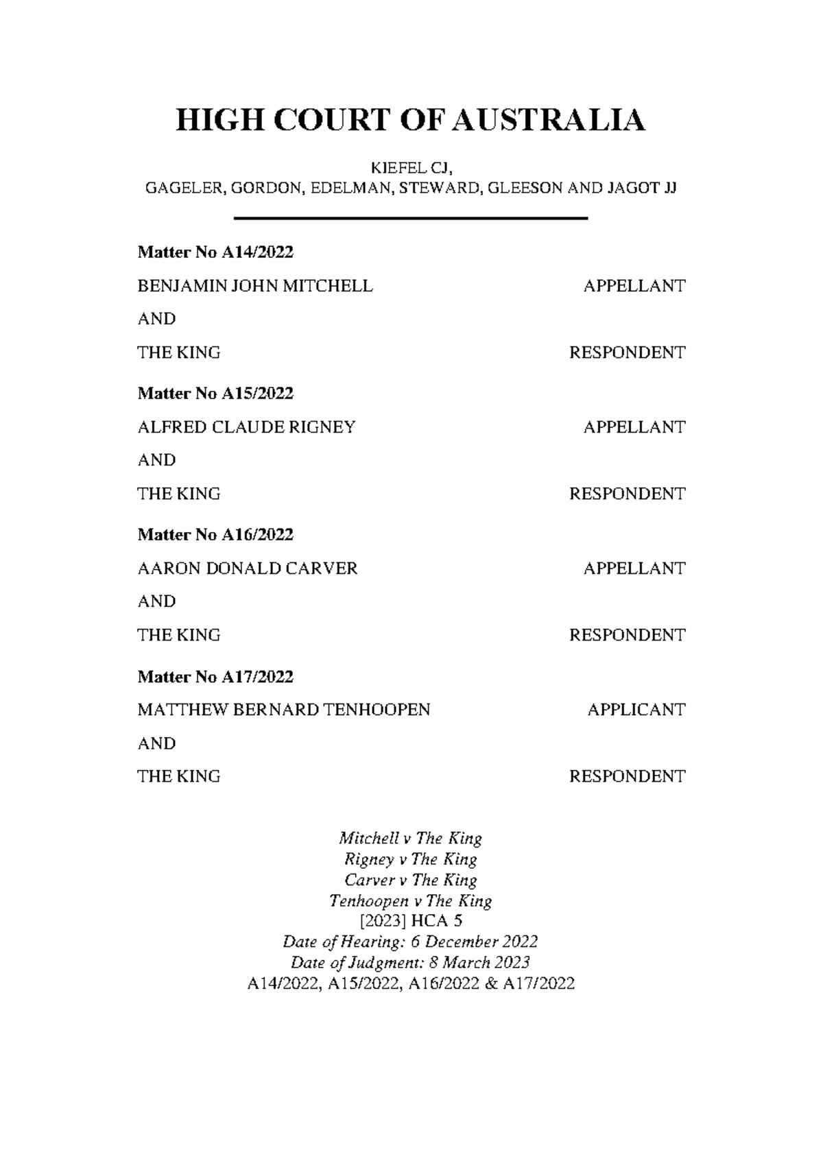 Mitchell v The King: High Court Judgment Analysis [2023] HCA 5 - Studocu