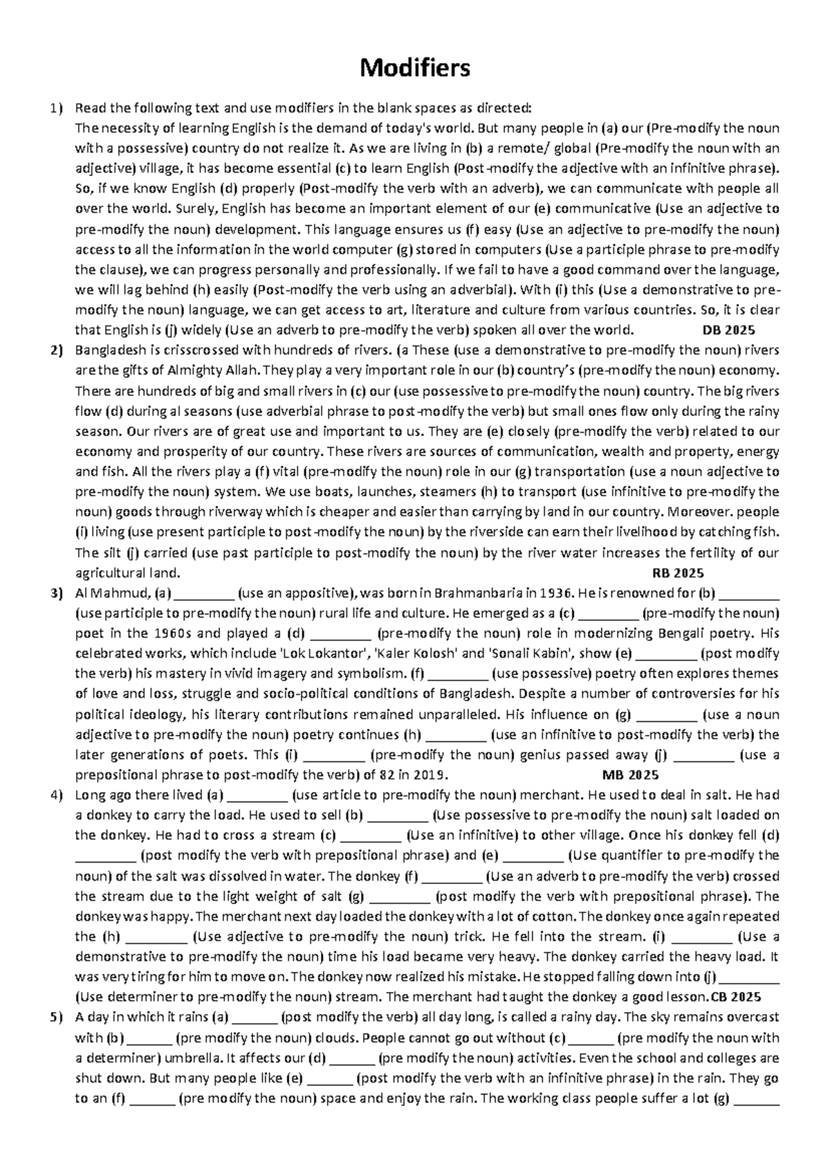 Modifiers Practice Questions for English Language Learning (DB 2025 ...