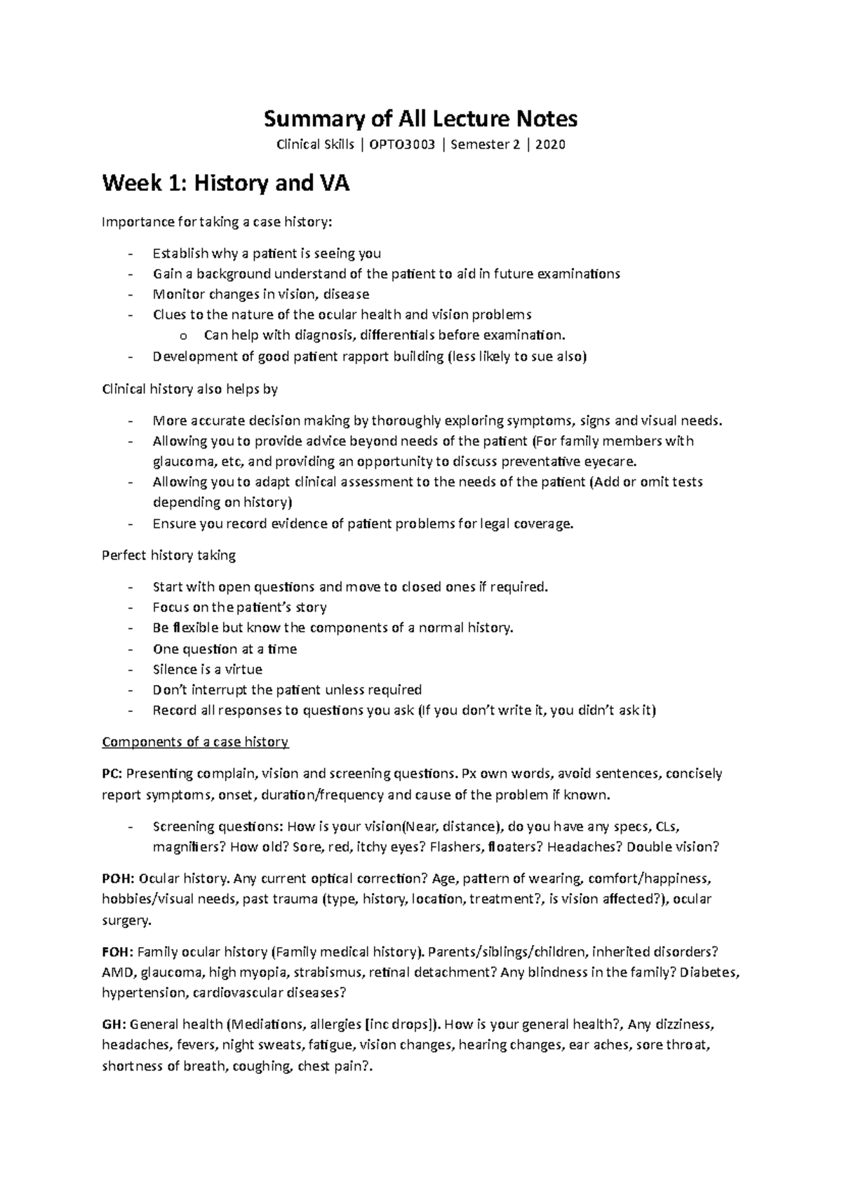 Summary Weeks 1-6 - Summary of All Lecture Notes Clinical Skills ...