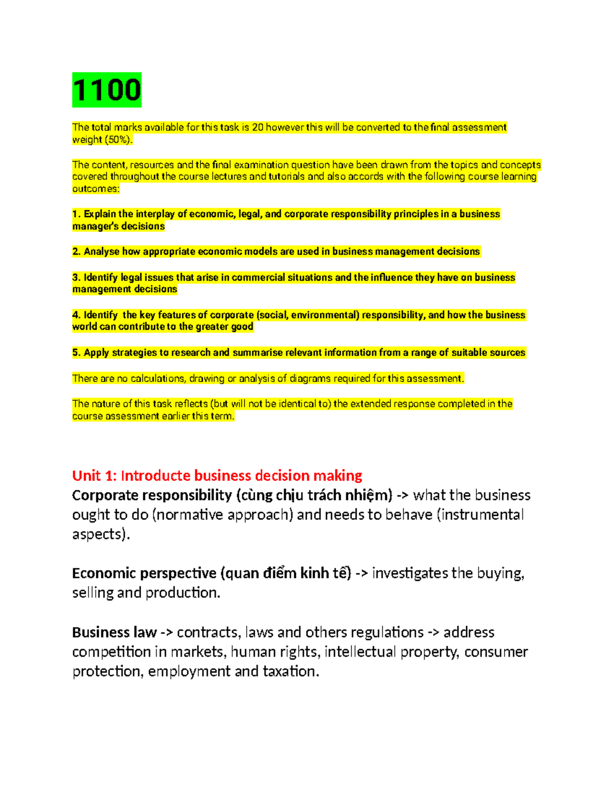 1100 - Key Concepts and Summaries of Lecture Notes - Studocu