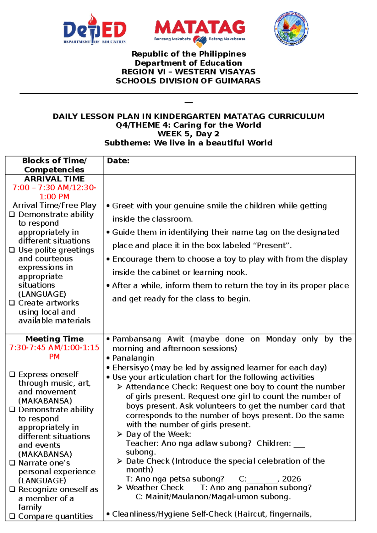K DLP Q4 W5 D2: Caring for the World - Kindergarten Lesson Plan - Studocu