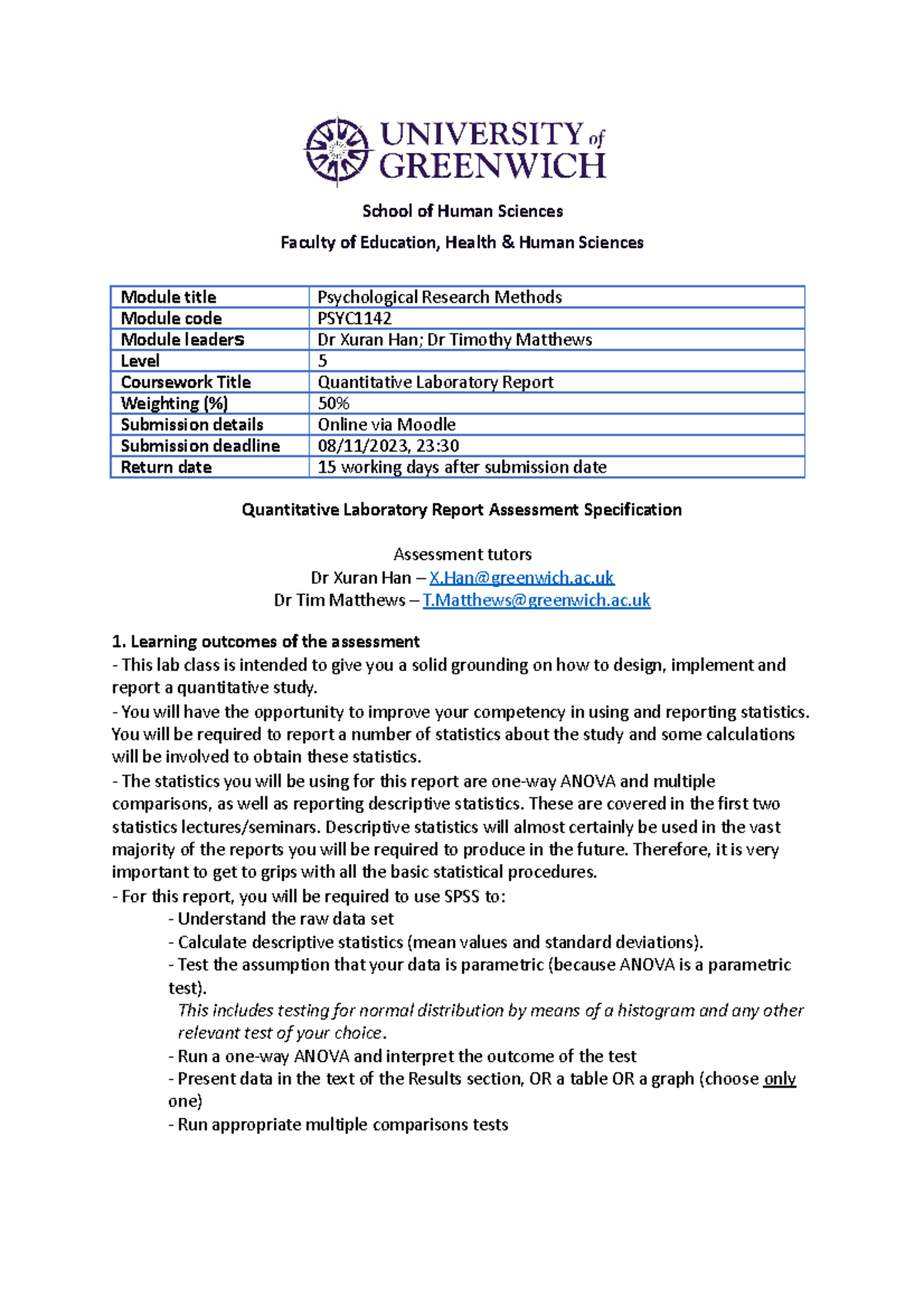 PSYC1142 Quantitative Laboratory Report Assessment Guidelines 23-24 ...