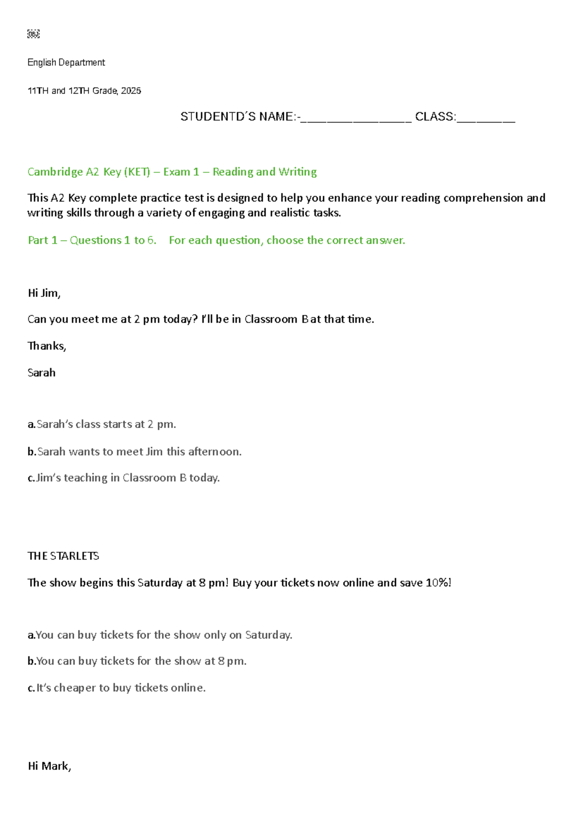 Cambridge A2 Key (KET) Exam 1 Reading & Writing Practice Guide - Studocu
