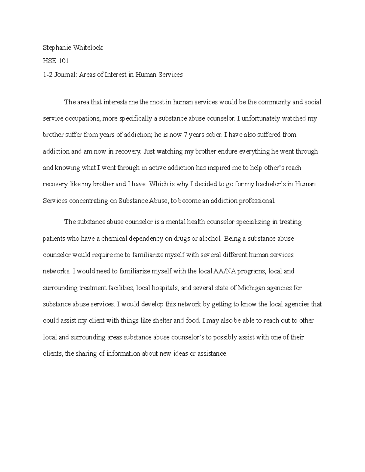 HSE 101 1-2 Journal Areas of Interest in Human Services 